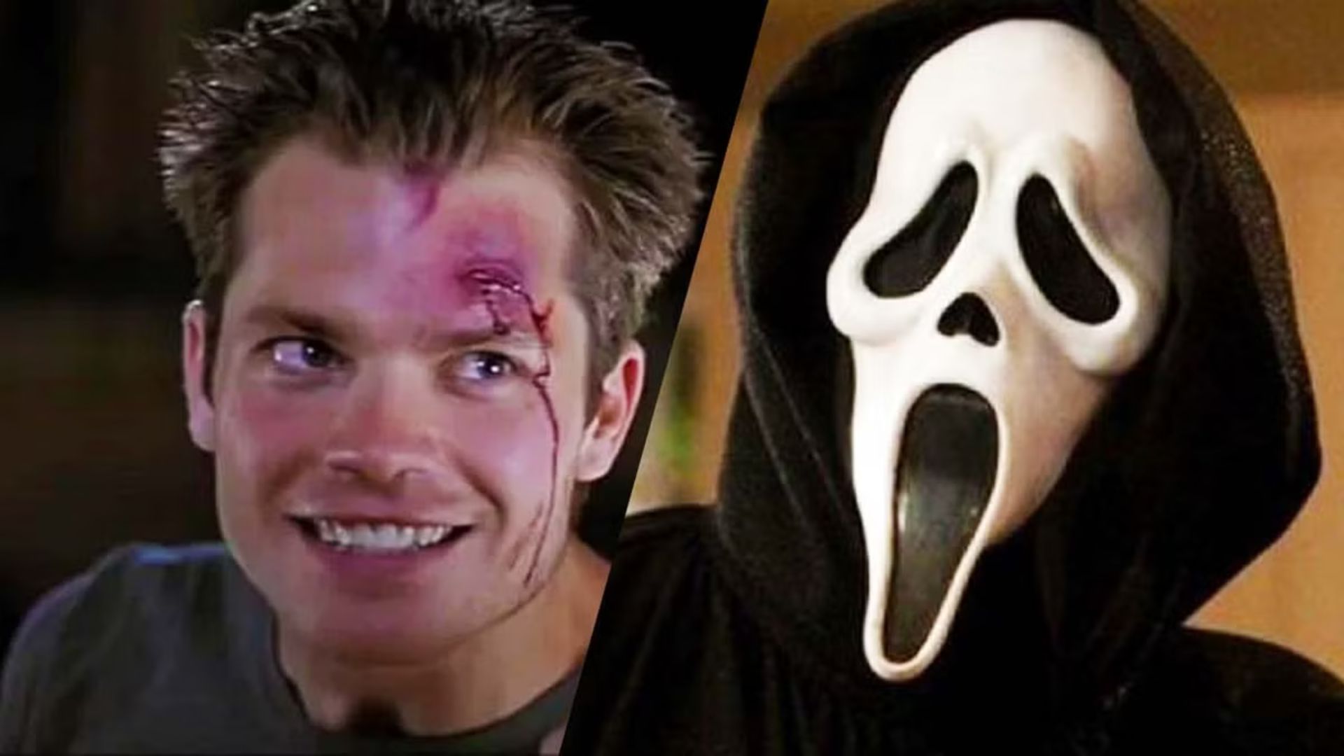 Two images of a man wearing a scream mask, showcasing different angles and expressions.