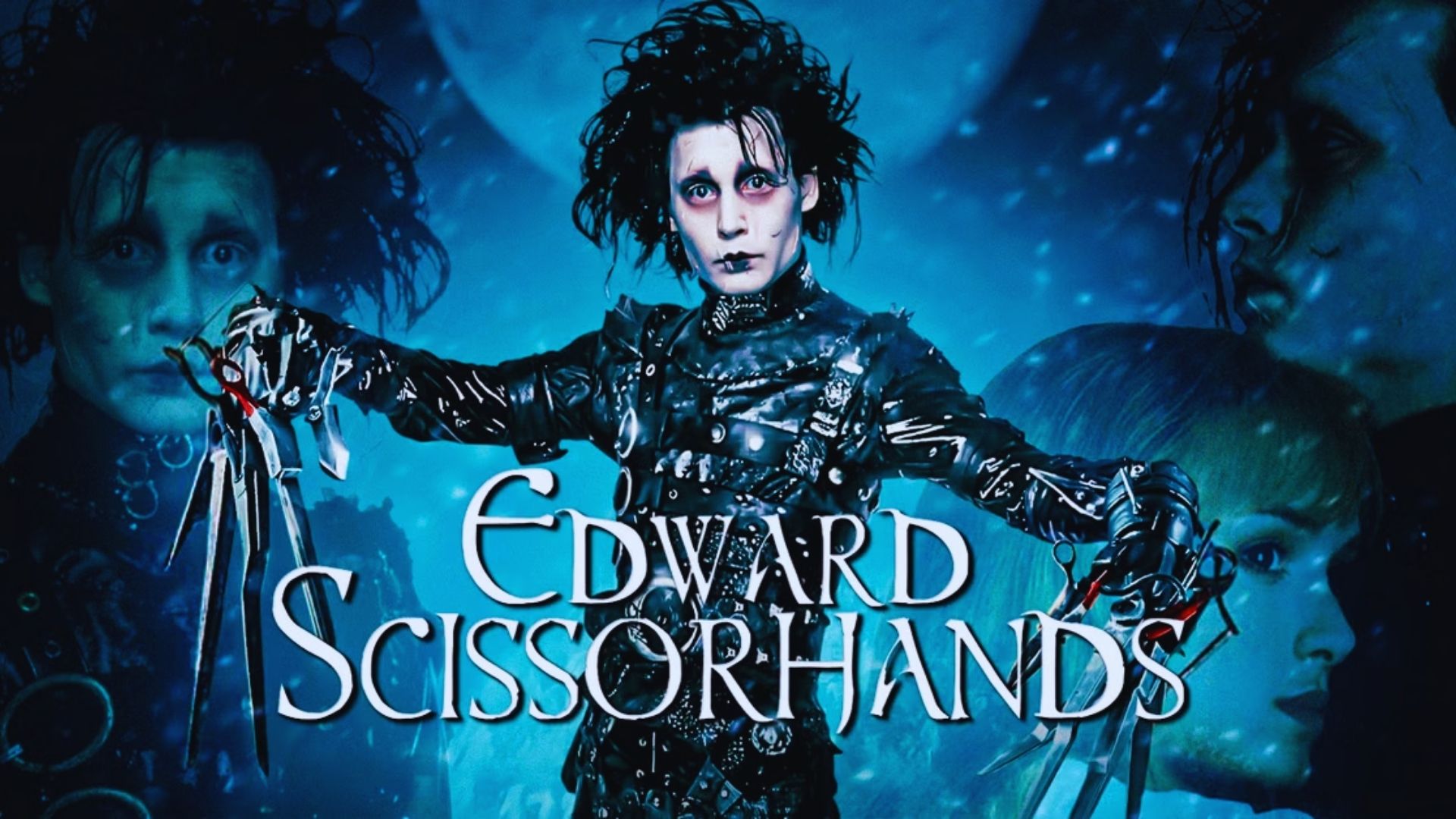 Movie poster for Edward Scissorhands featuring the main character with scissors for hands against a whimsical background.