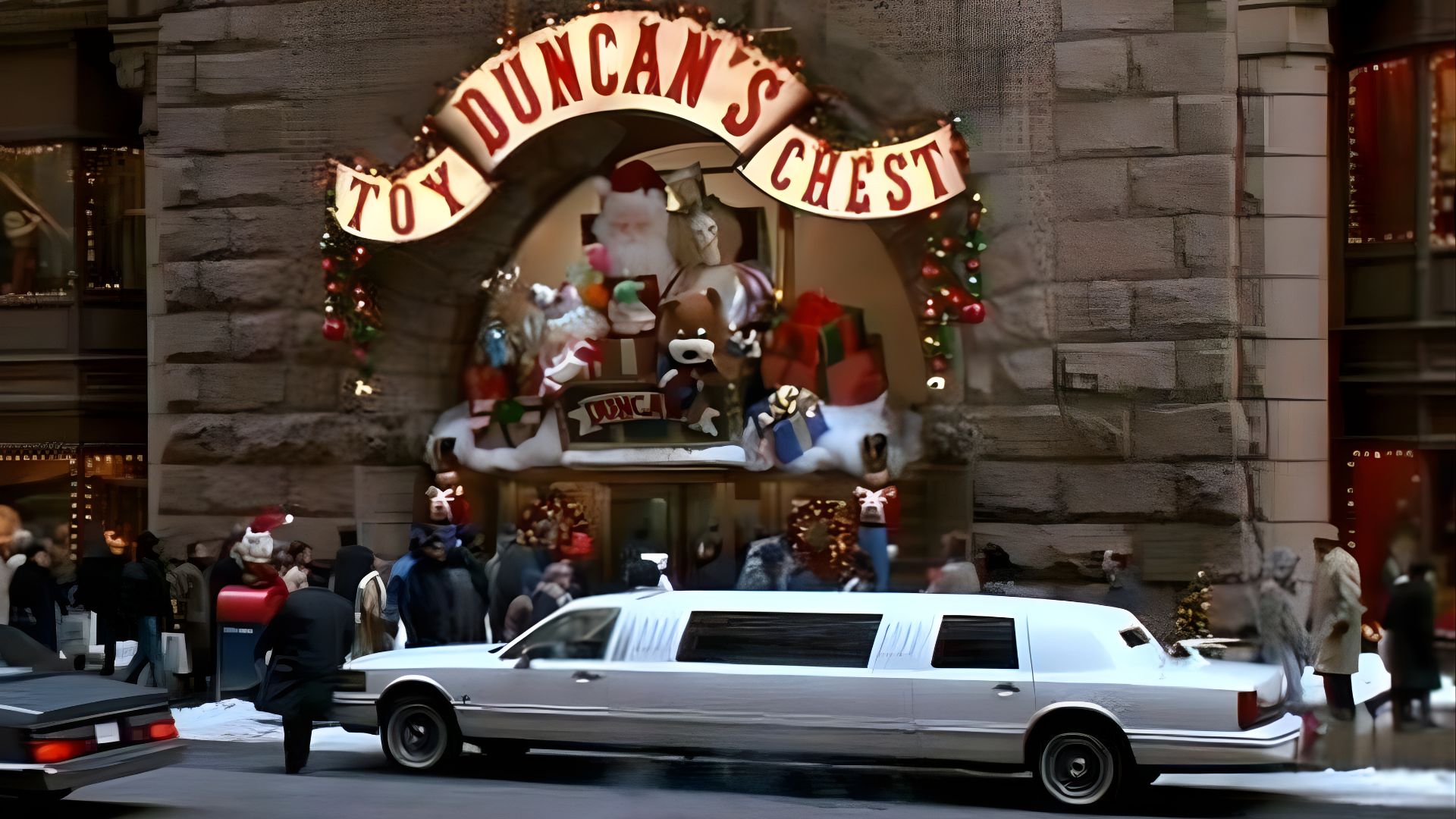A limousine parked in front of a building with a sign reading "Douglas' Castle."
