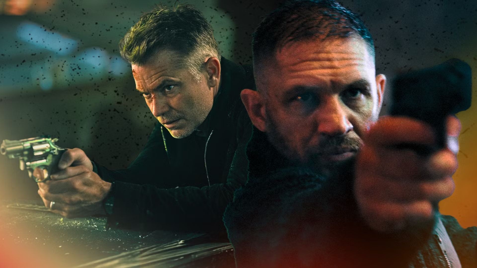 Two men holding guns stand in a dark environment, their silhouettes barely visible against the shadows.