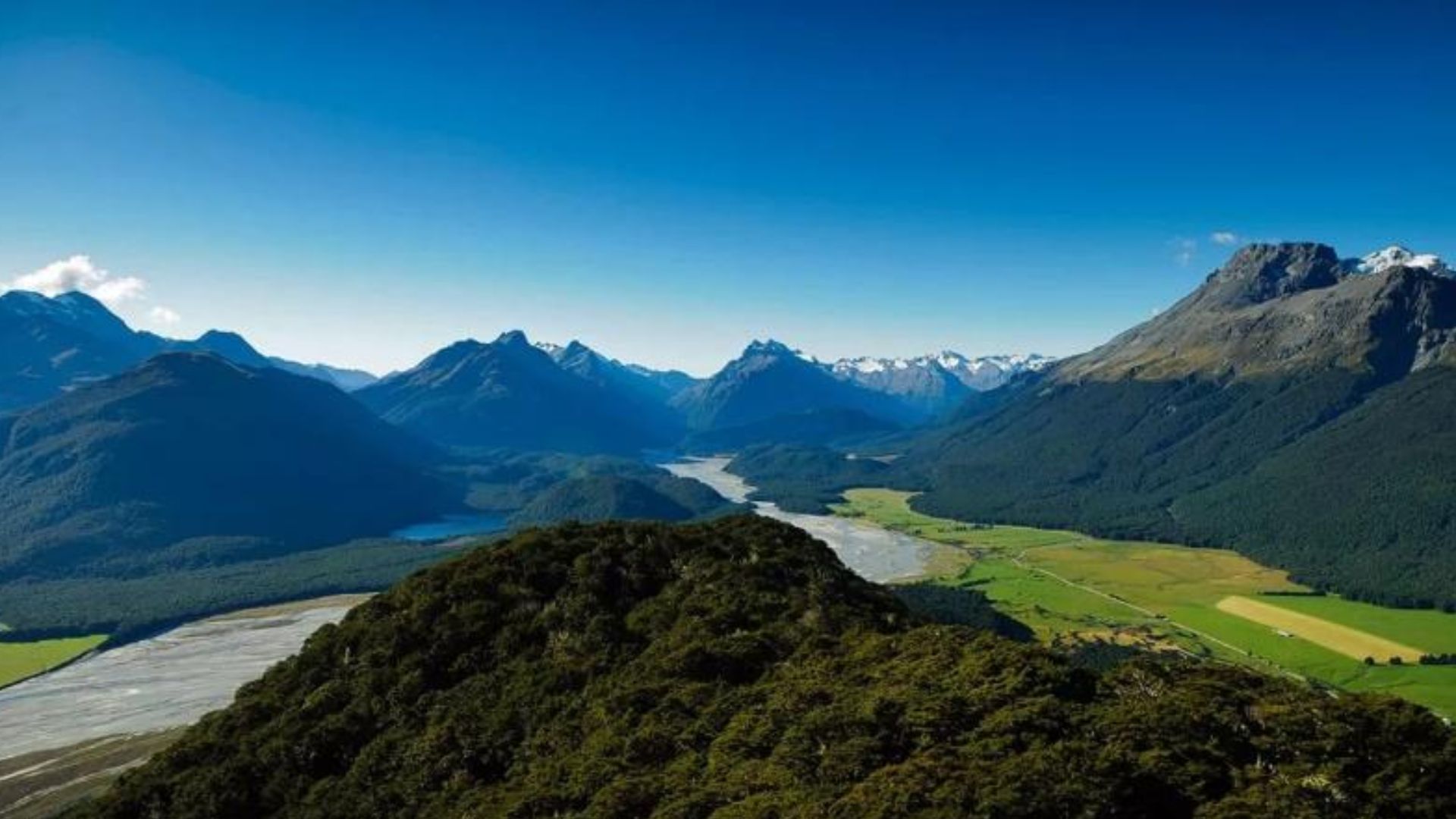 Panoramic view from Mount Cook, showcasing snow-capped peaks and lush valleys under a clear blue sky.