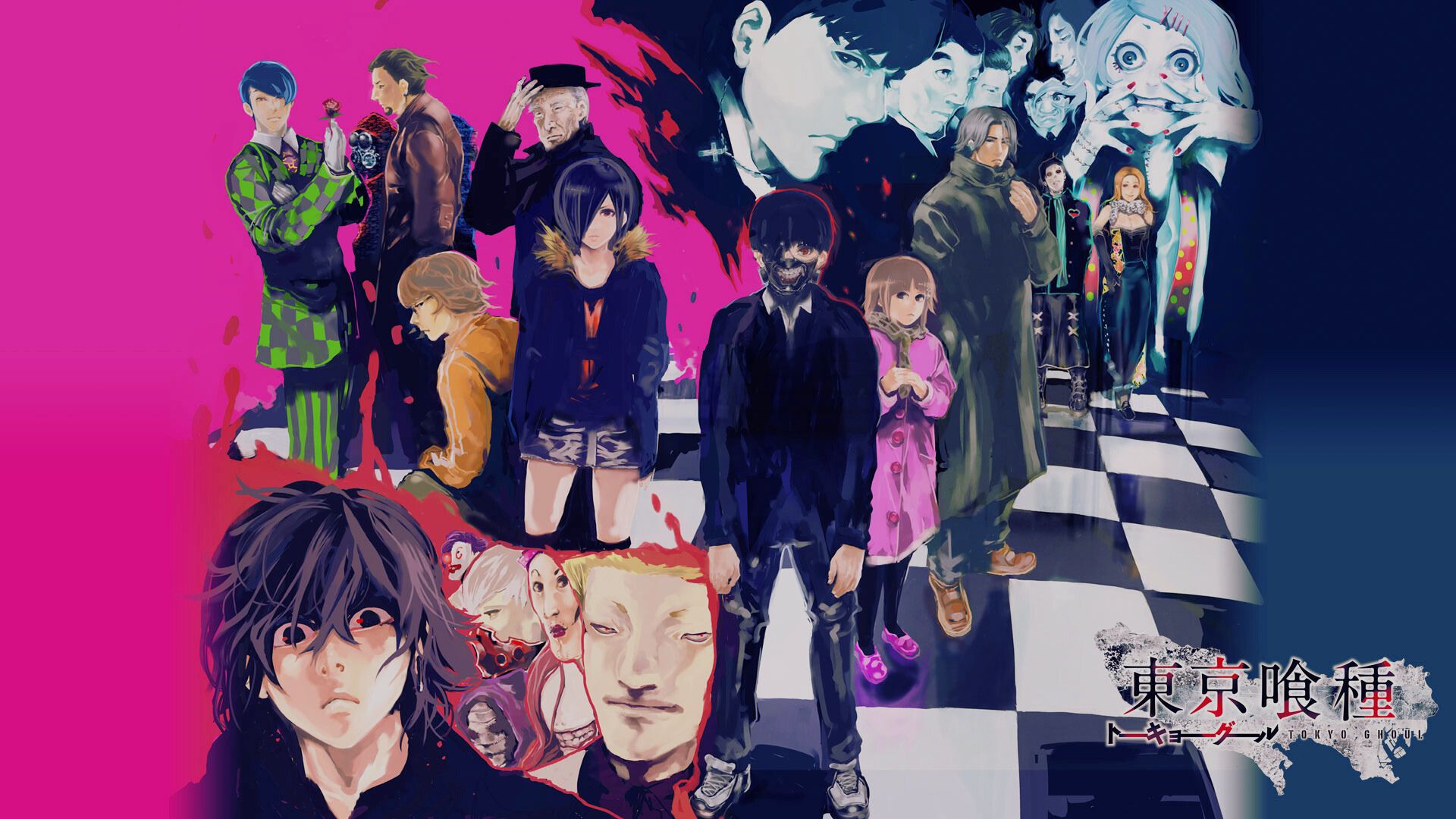 Anime characters pose against a vibrant checkered background, showcasing their unique styles and expressions.