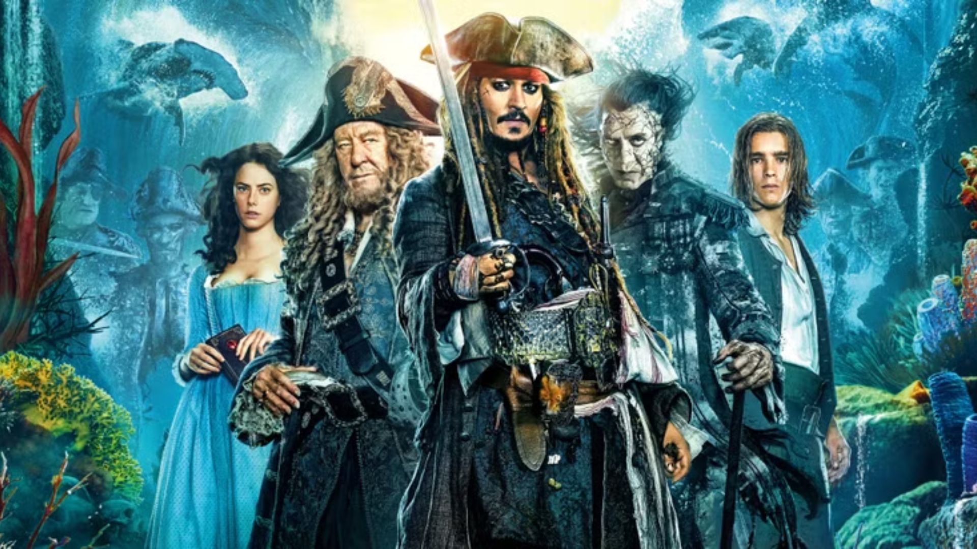 A scene from "Pirates of the Caribbean: Dead Men Tell No Tales," featuring Captain Jack Sparrow and ghostly pirates.