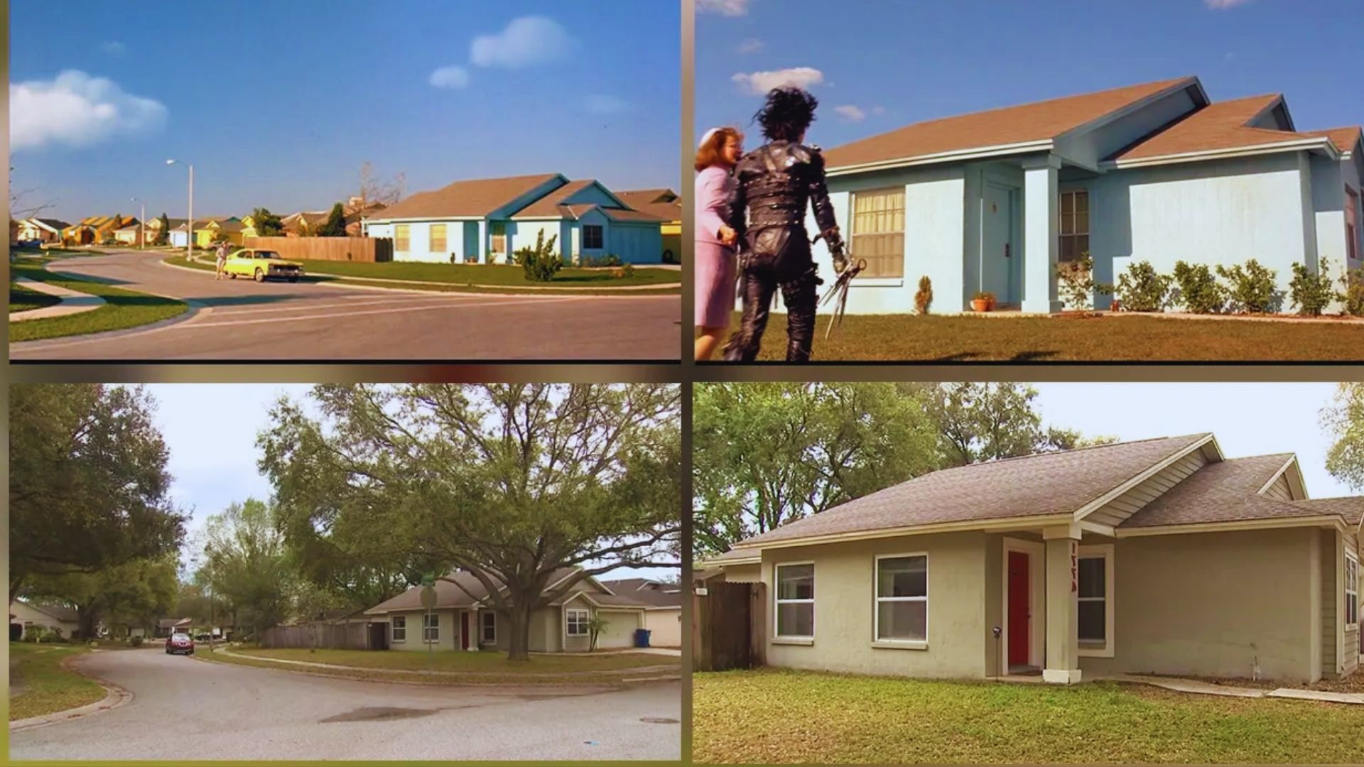 Four images of different houses showcasing a variety of architectural styles in a suburban neighborhood setting.