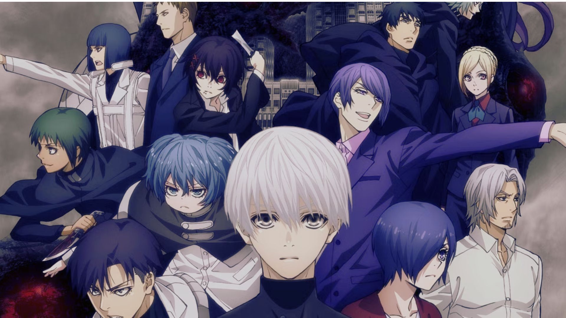 Anime characters with striking white hair and vivid blue eyes, showcasing a dynamic and colorful art style.
