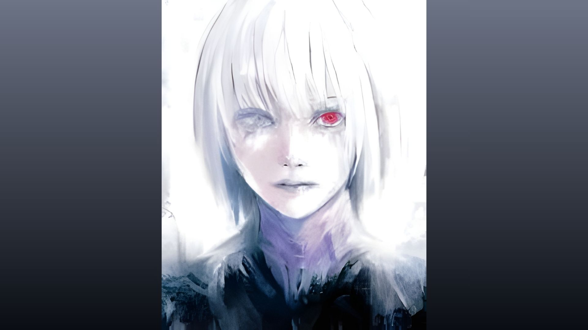 Anime girl with white hair and striking red eyes, wearing a colorful outfit, set against a vibrant background.