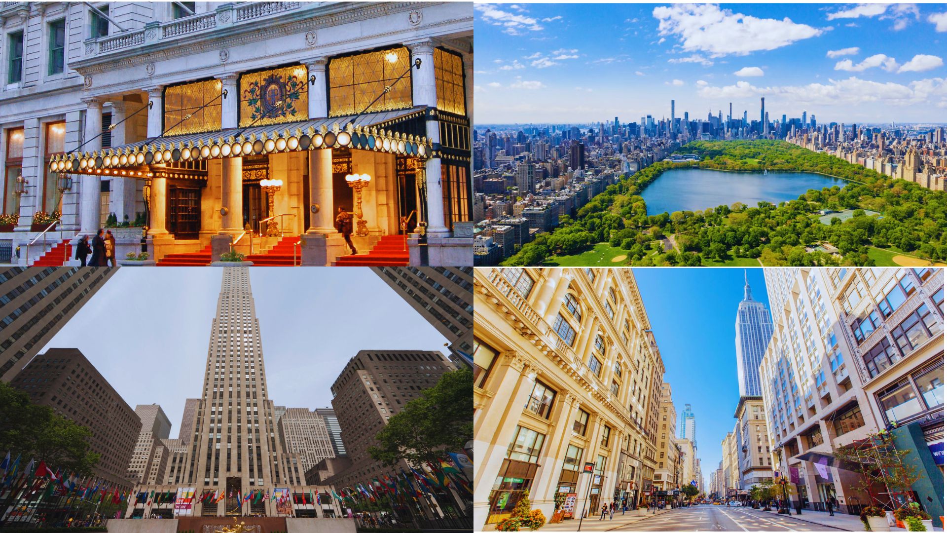  Four images showcasing various architectural styles of buildings in New York City.