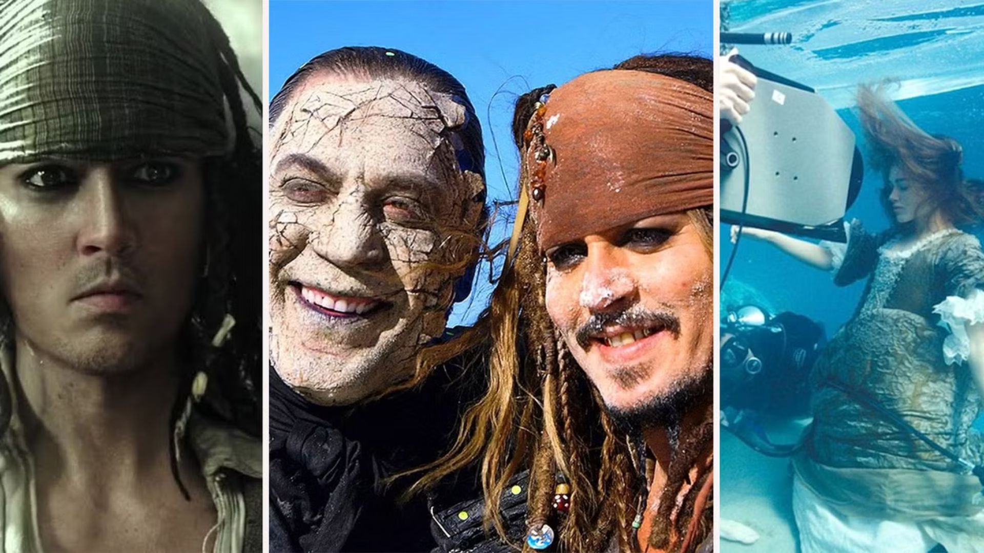 The main cast of Pirates of the Caribbean posing together, showcasing their adventurous pirate attire and expressions.