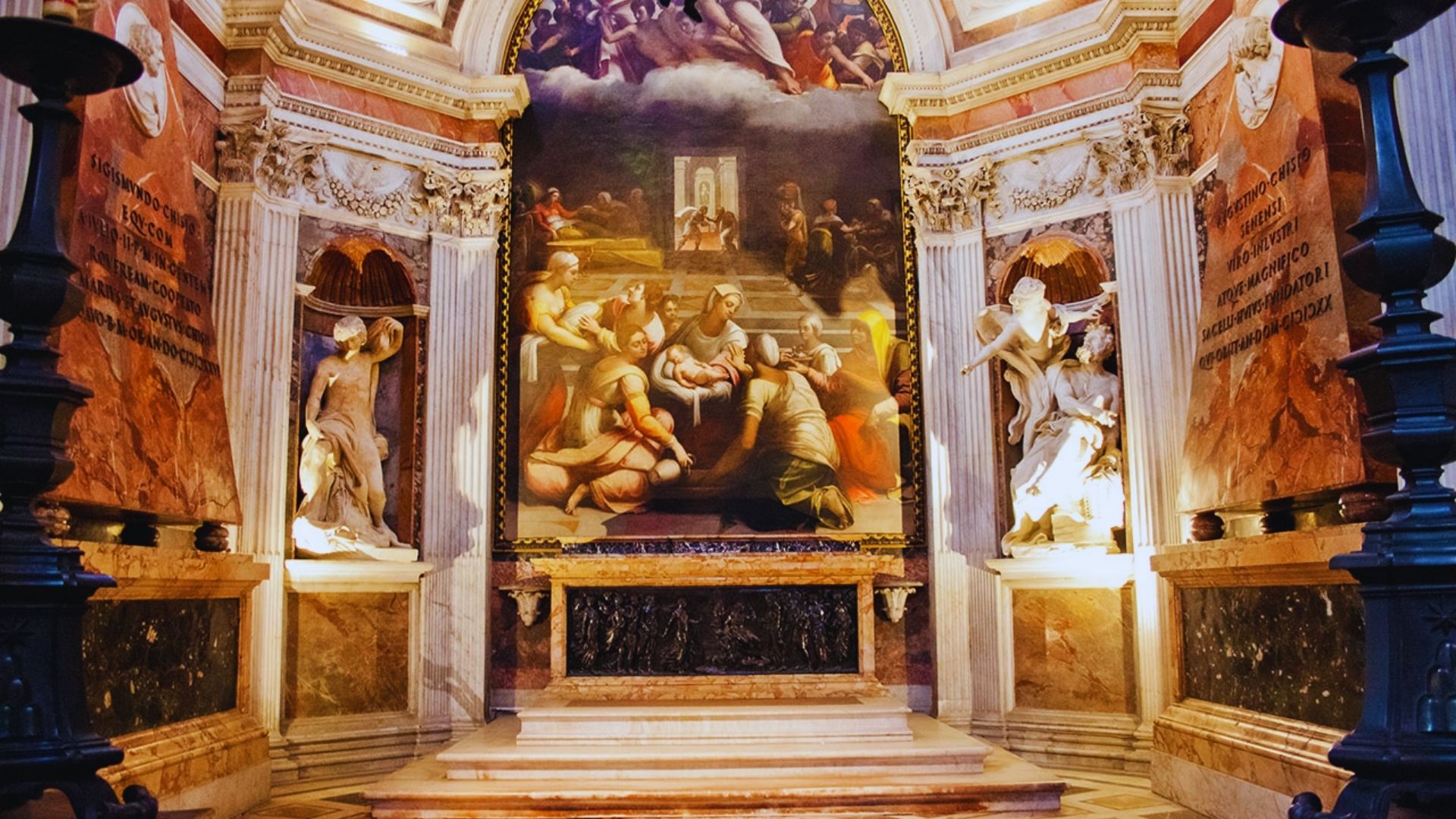 The ornate altar of Santa Maria church in Rome, featuring intricate carvings and religious iconography.