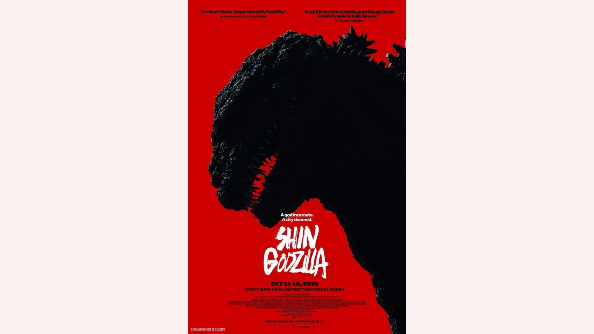 Red poster featuring a black silhouette of Godzilla with an open mouth, highlighted in white. Bold text reads "Shin Godzilla," conveying intensity and drama.