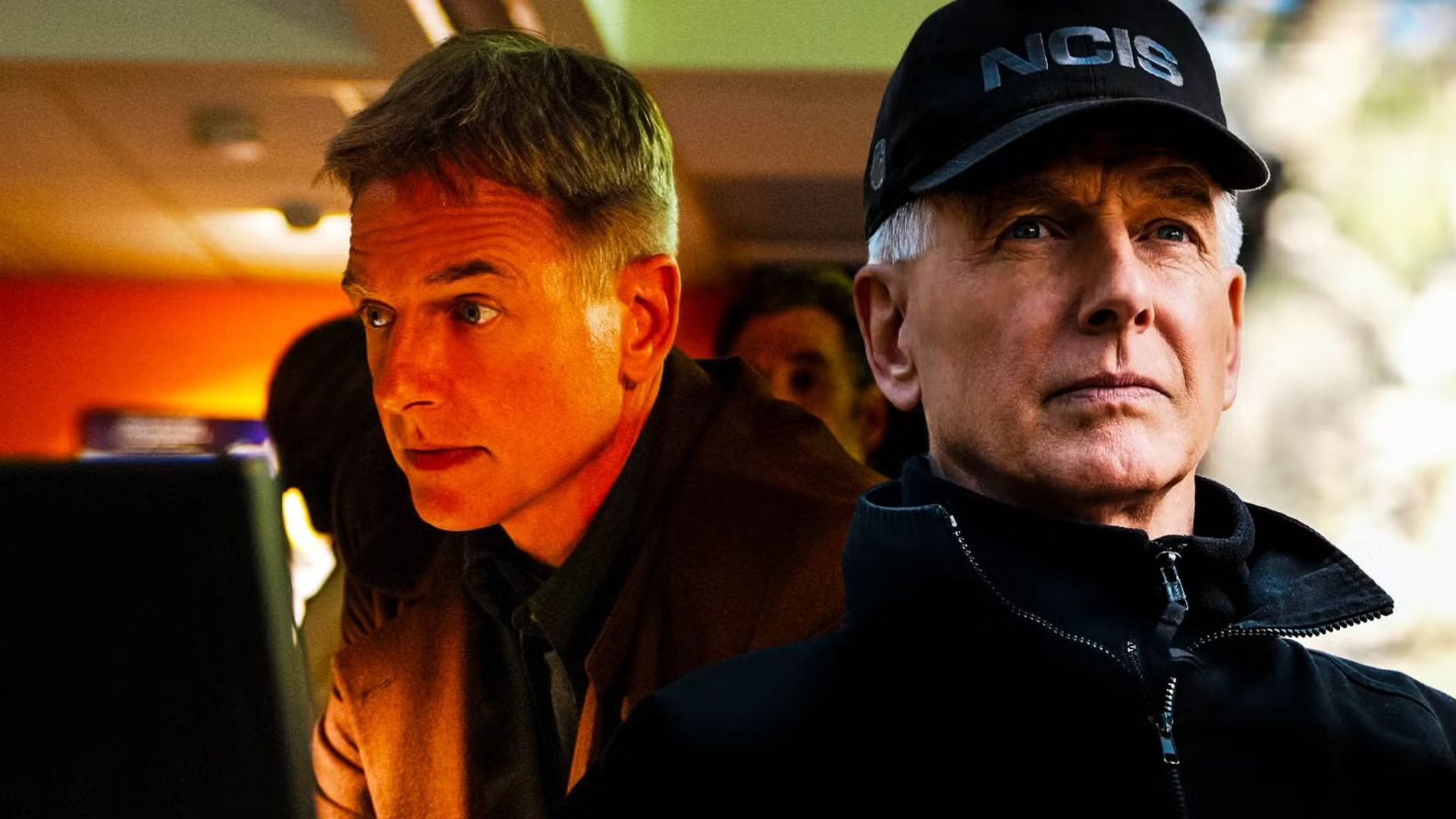 Two men dressed in black jackets and hats focused on a computer screen, set in Alaska during Gibbs' final storyline