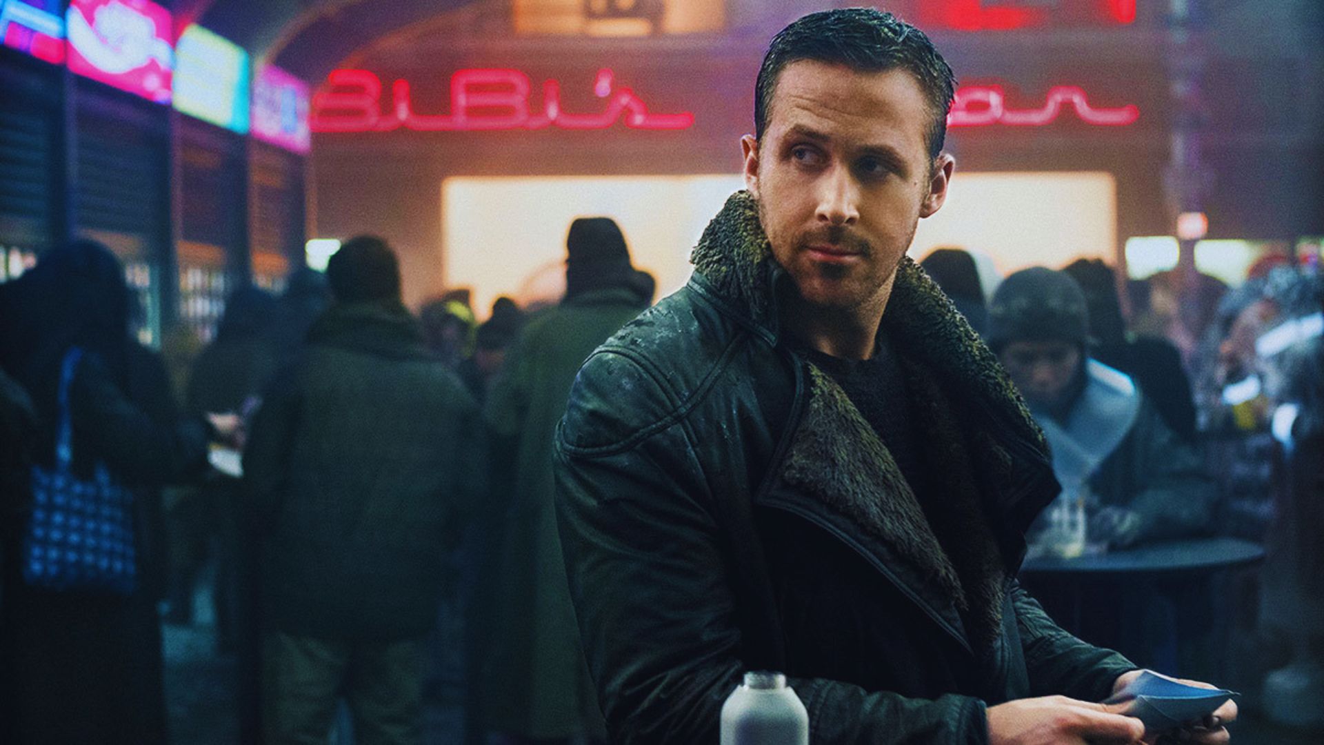A man in a dark leather coat stands in a bustling, neon-lit bar scene. He looks contemplative, holding a cup, with "Bibi's Bar" sign glowing behind him.