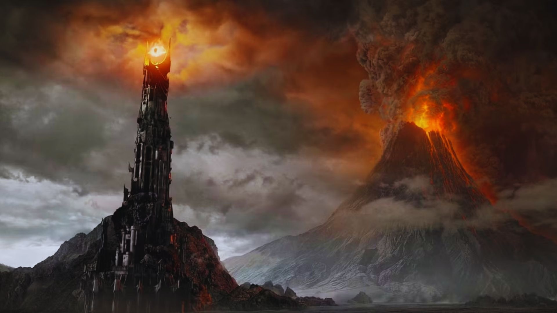 A towering dark structure with a fiery eye overlooks a volcanic landscape. The sky is filled with ominous clouds, creating a tense, foreboding atmosphere.