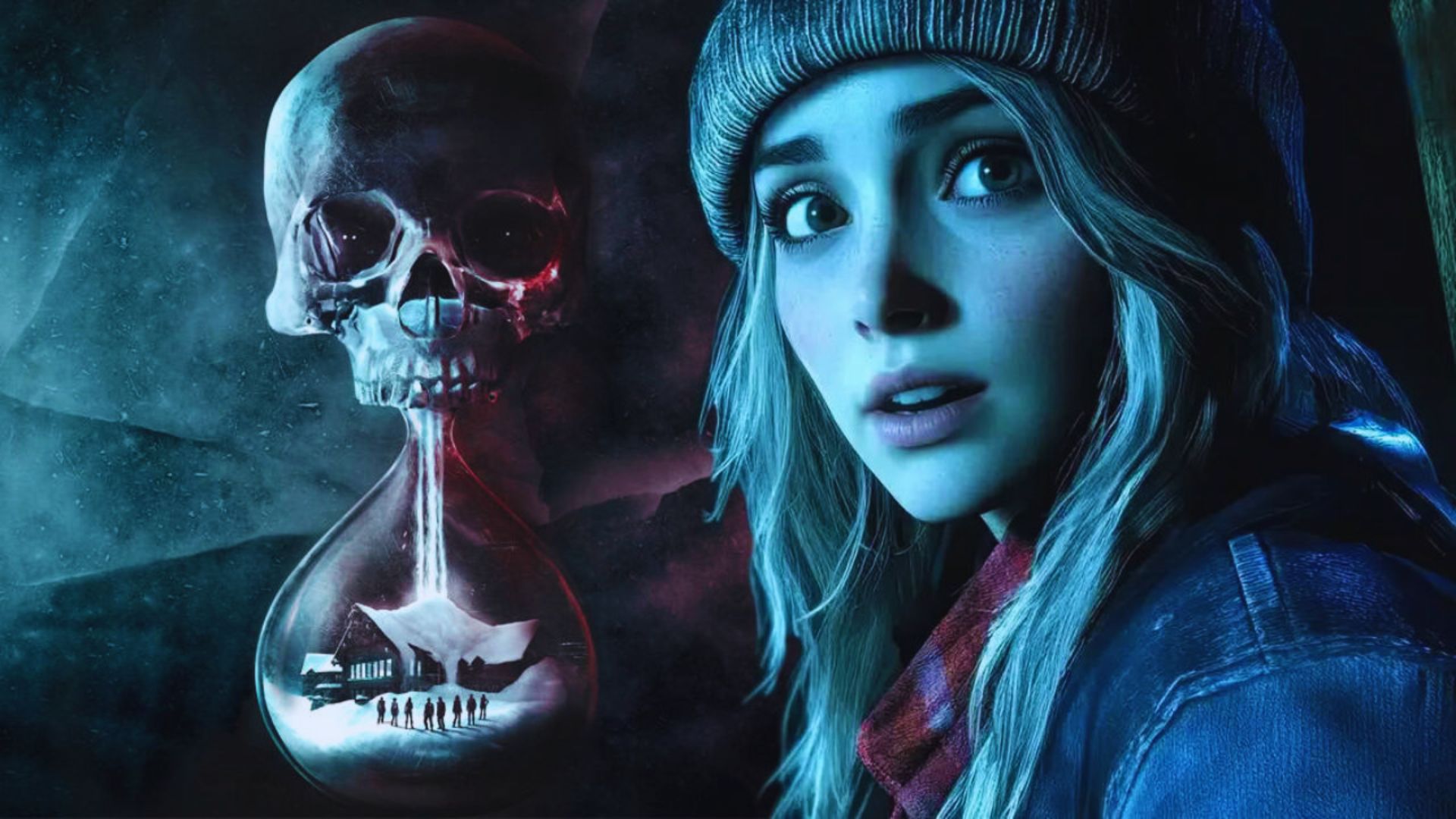 A young woman in a winter hat looks worried, next to an hourglass with a skull at the top. Inside the hourglass, a snowy scene with people walking. An eerie, tense mood.