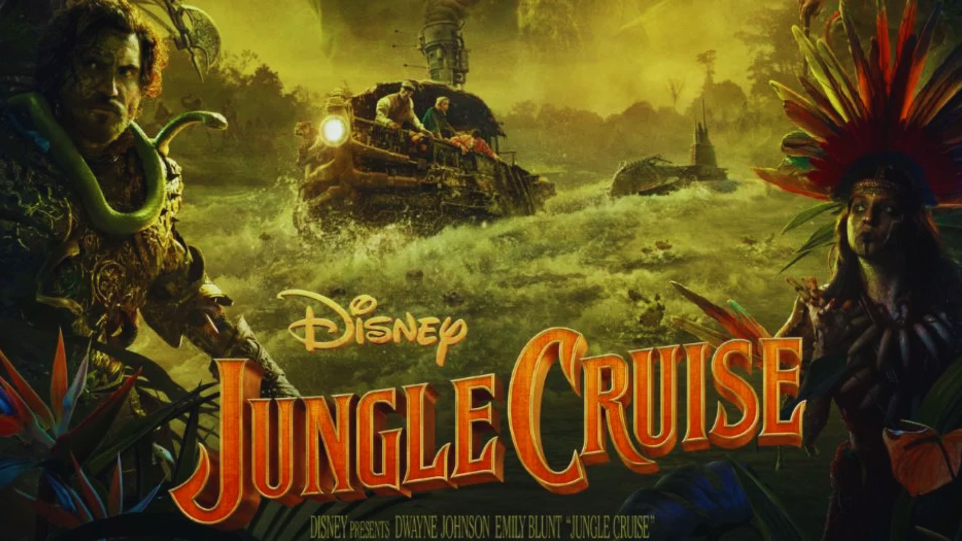 Alt text: "Poster for Disney's Jungle Cruise. A riverboat battles through turbulent waters surrounded by lush jungle. Two mysterious figures stand in the foreground, one on each side, adding a sense of adventure and intrigue. Bold title text is centered below the scene."