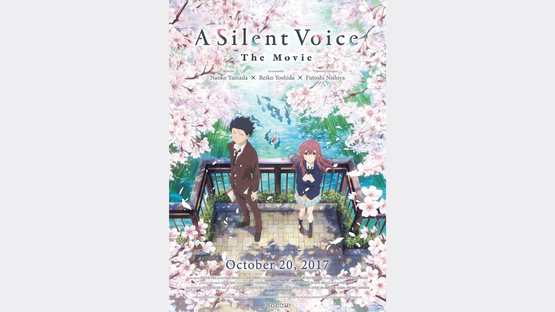 Poster for "A Silent Voice: The Movie" features two characters on a bridge surrounded by pink cherry blossoms. The scene is serene and introspective.