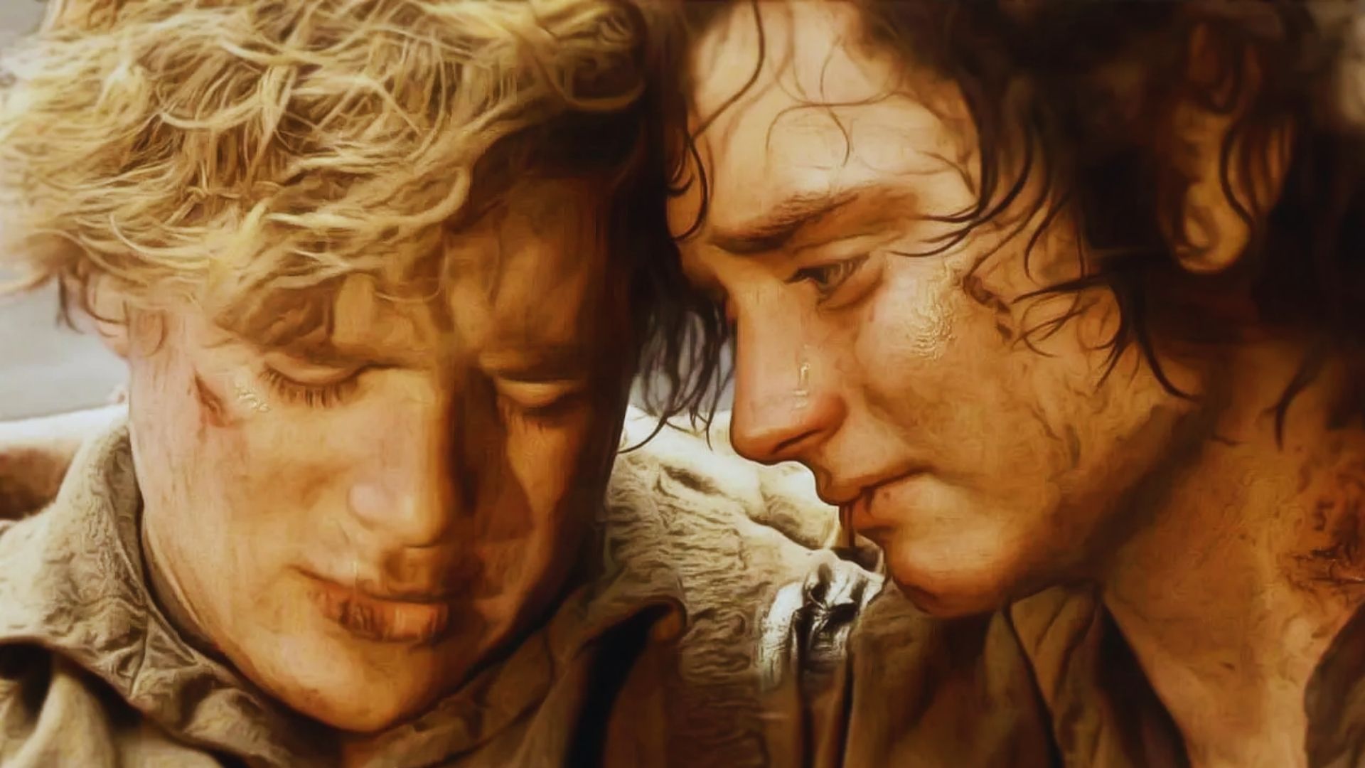 Two weary individuals with dirt-streaked faces lean closely, conveying deep camaraderie and exhaustion. Their expressions are solemn and introspective.