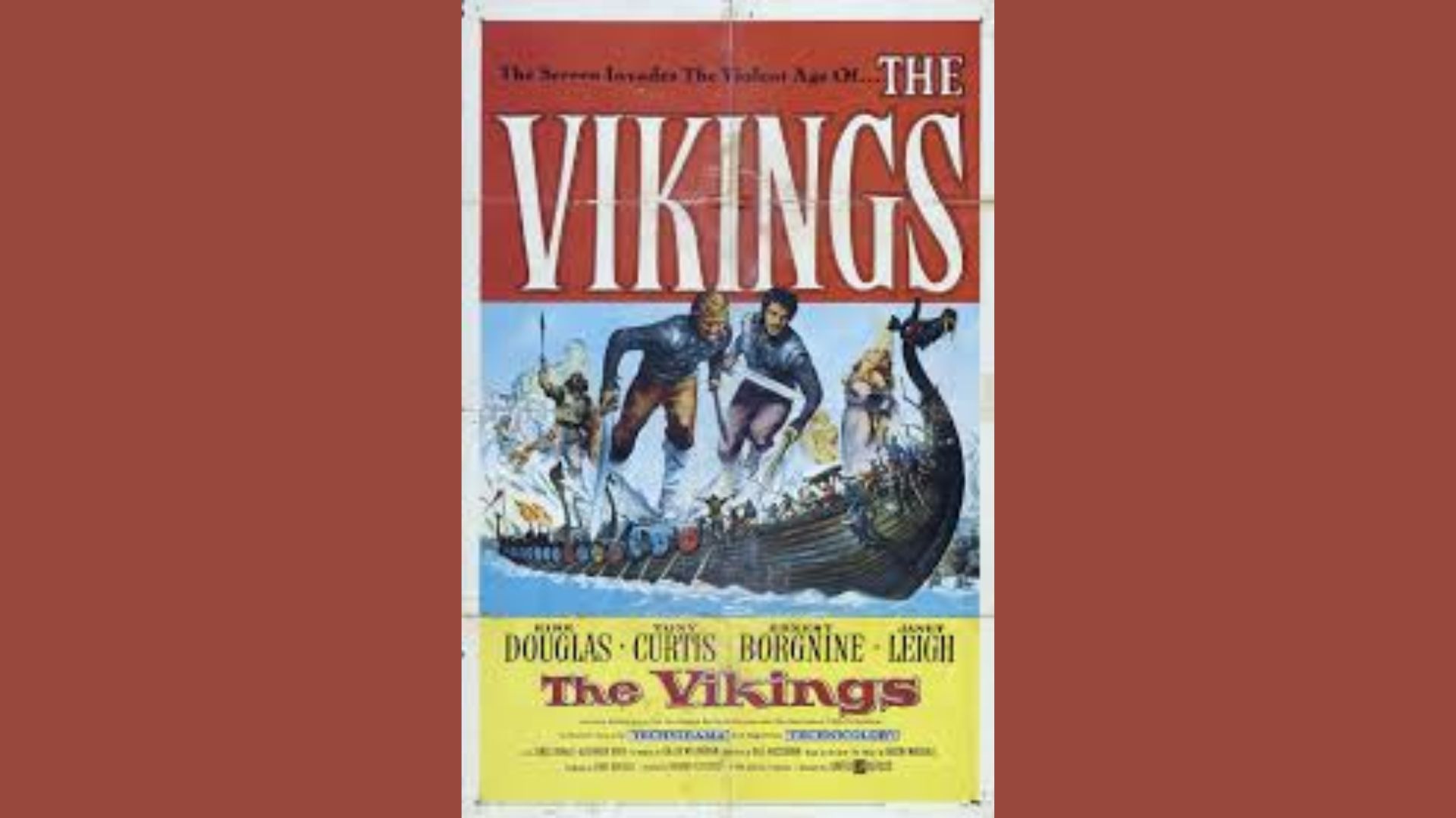 Vintage movie poster for "The Vikings" featuring warriors leaping from a wooden longship. Bold red title and dramatic action evoke adventure.