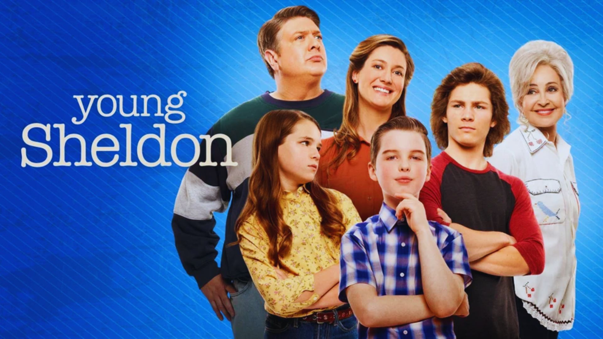 The image shows a promotional poster for "Young Sheldon," featuring six characters against a blue background. Each character displays unique expressions.