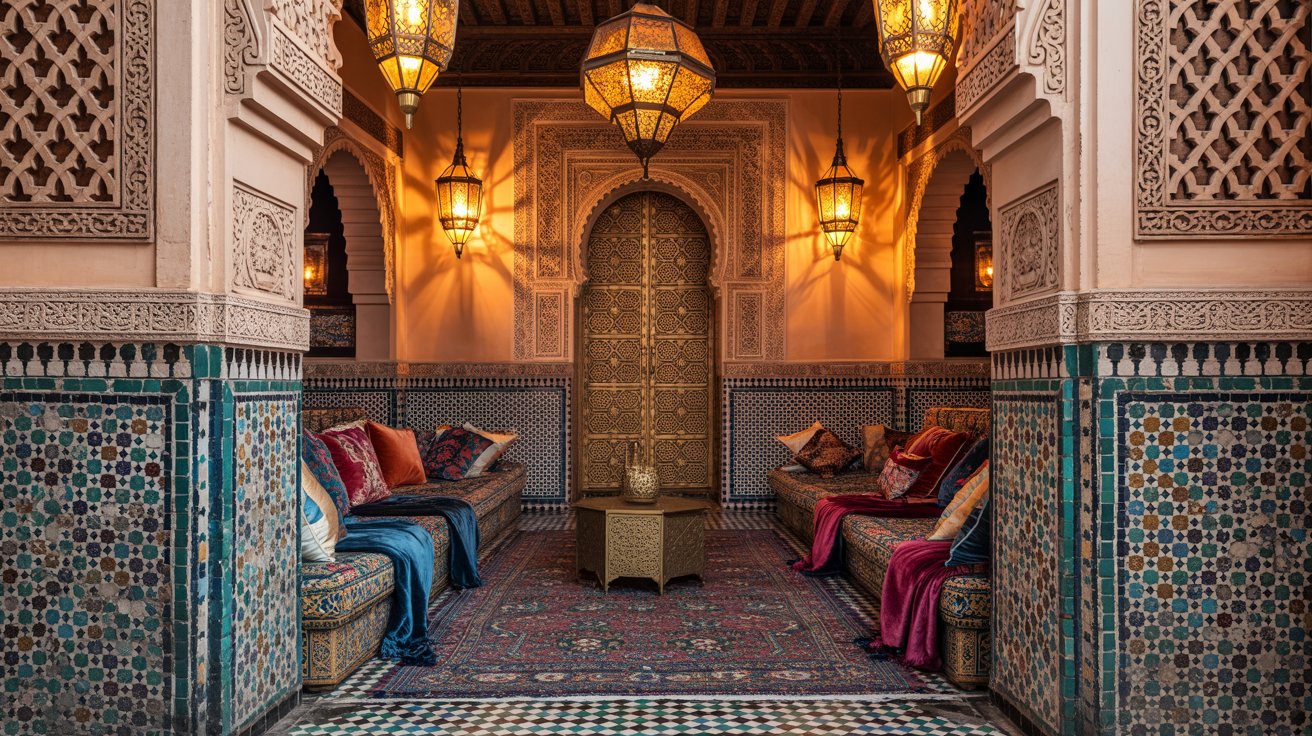 Moroccan interior with mosaic tiles, lanterns, and rich colorful patterns.