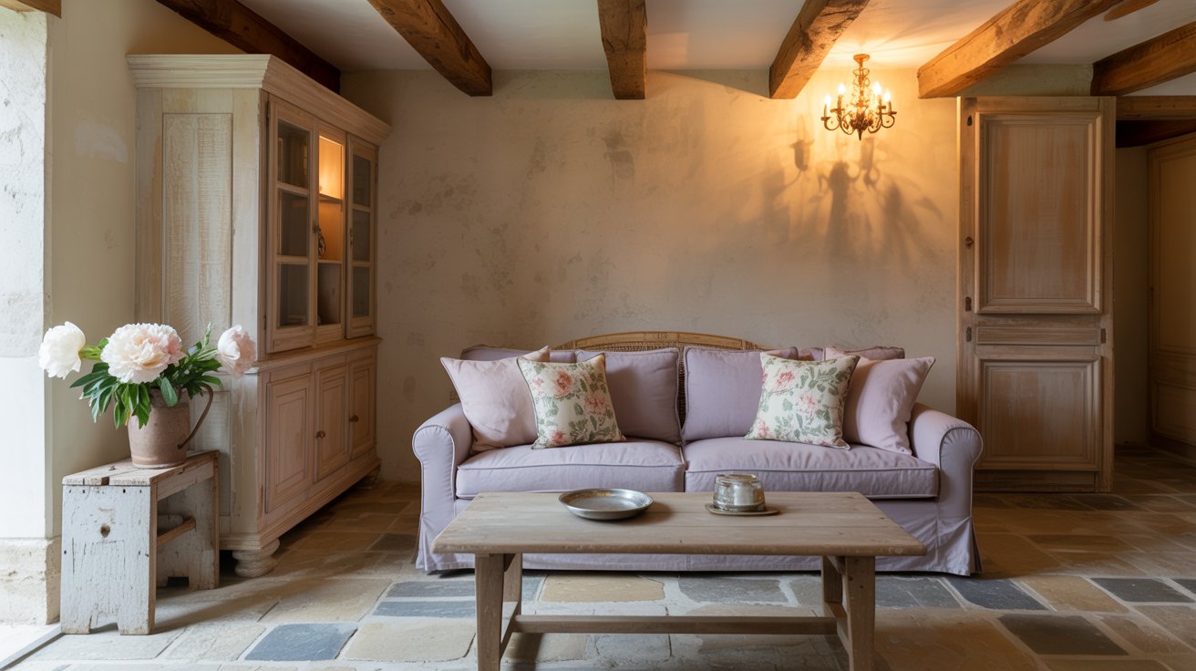 French country living room with rustic wood furniture, floral fabrics, and soft warm tones.