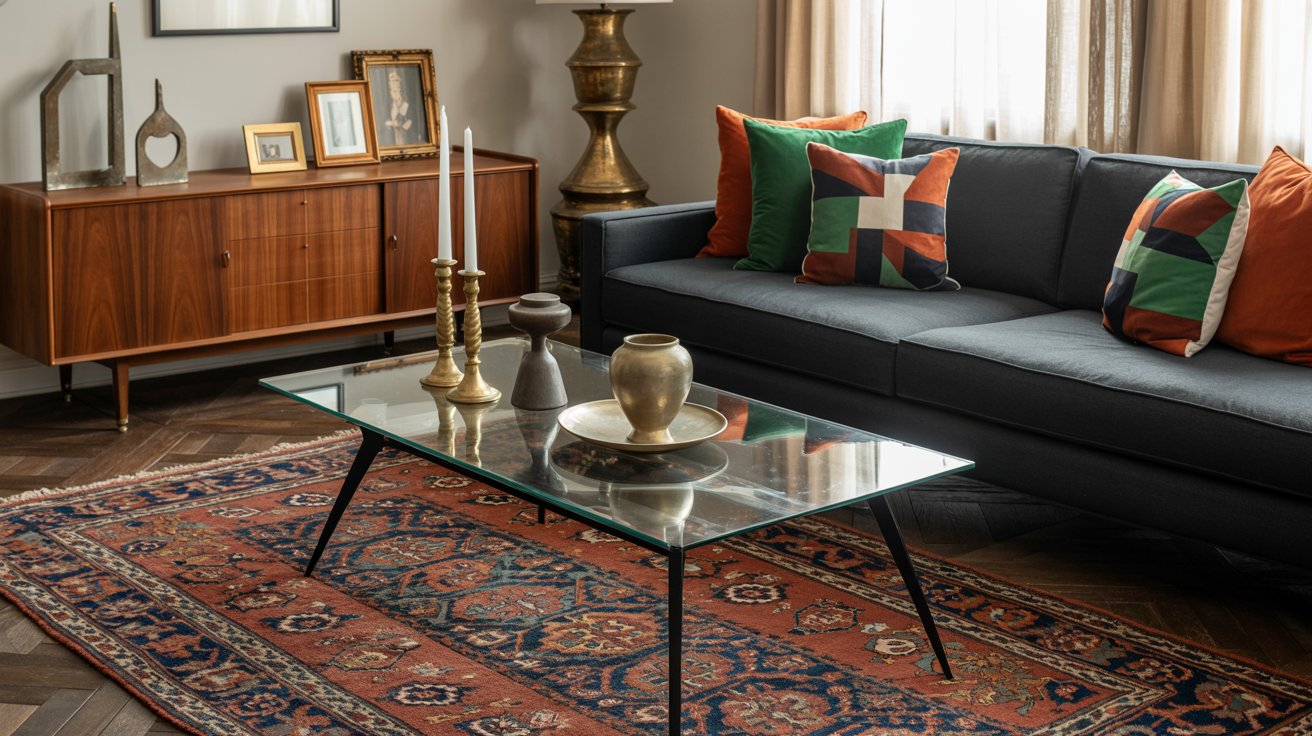Eclectic interior combining modern and vintage furniture with mixed decor styles.