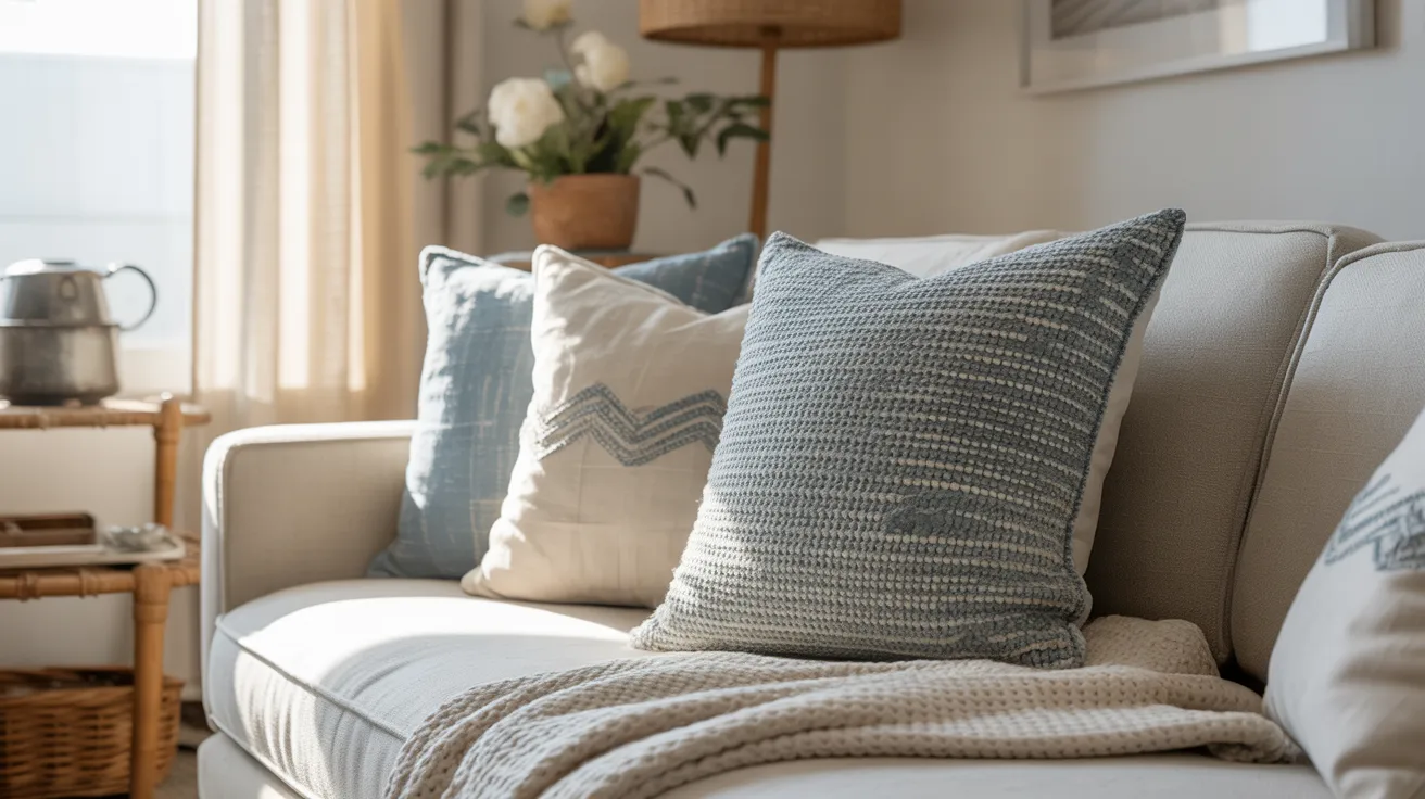 Coastal living room with layered blue white cream textiles including pillows, blanket, and curtains