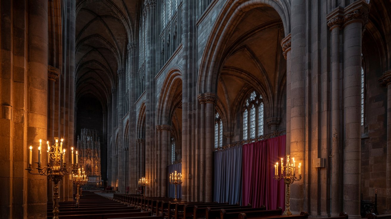 Gothic interior with dark tones, candles, and dramatic medieval-inspired design.