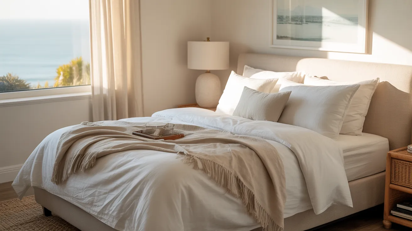 Bedroom with crisp white hotel-style bedding and layered pillows in soft coastal aesthetic