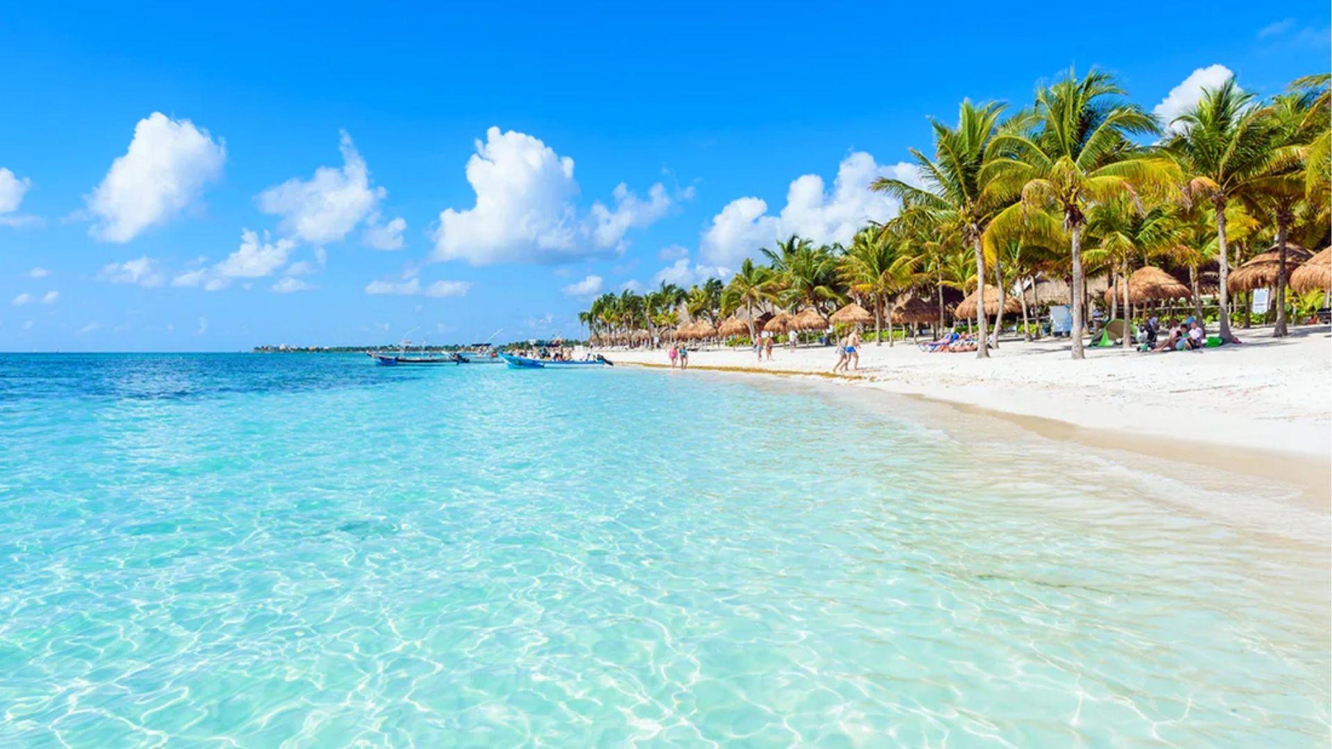 Crystal-clear turquoise water and white sand lined with palm trees and thatched-roof palapas under a bright blue sky.
