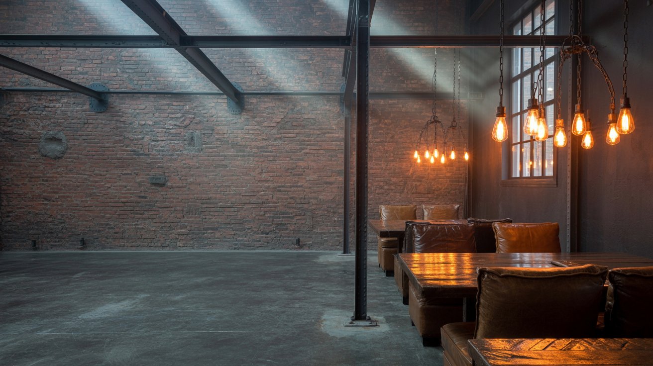 Industrial interior with exposed brick, concrete surfaces, metal accents, and dark raw textures.