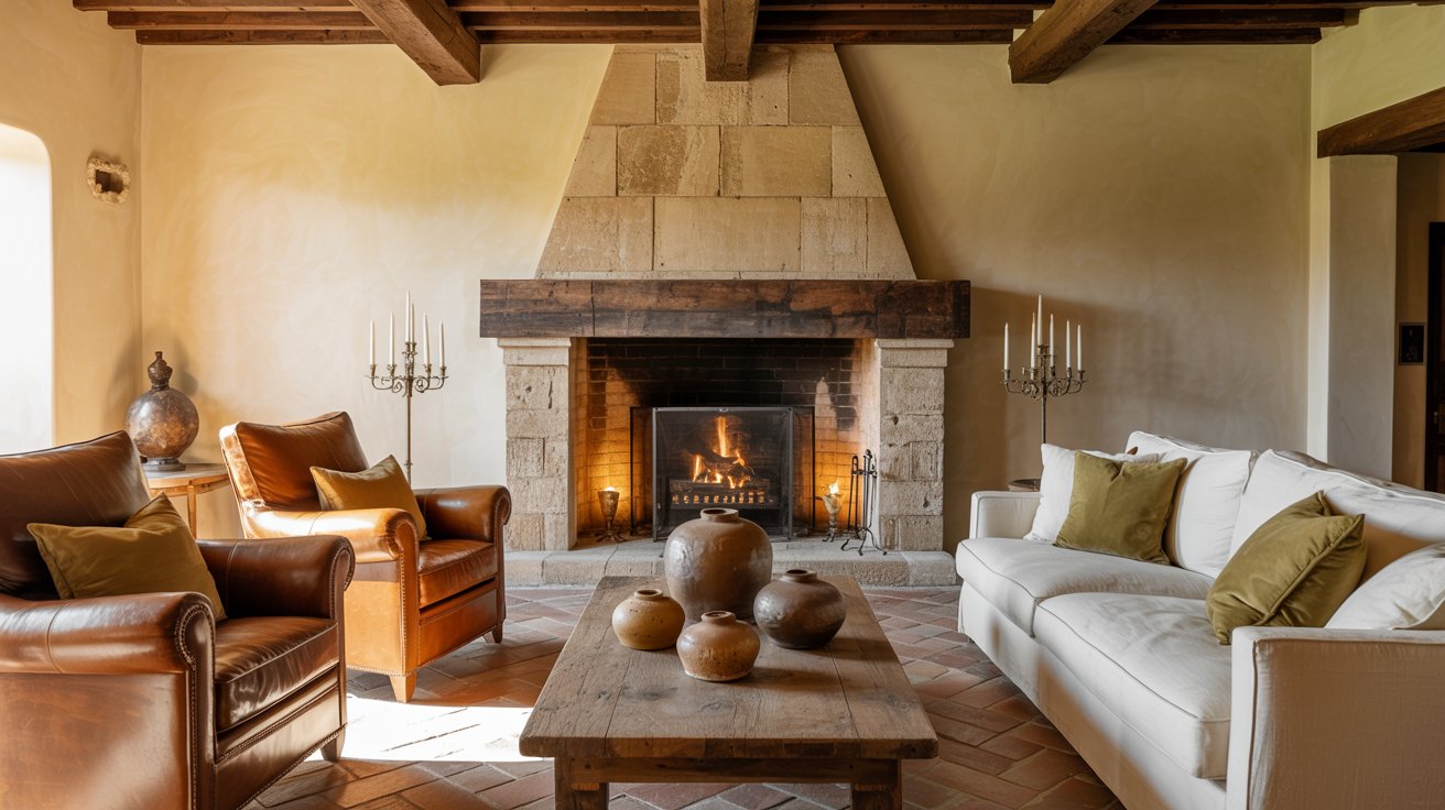Tuscan living room with stone fireplace, warm earthy colors, rustic decor, and cozy seating arrangement