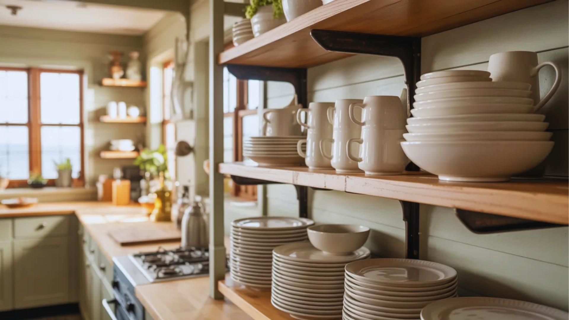 Open kitchen shelves with neutral dishware stacks of plates and mugs in soft coastal aesthetic