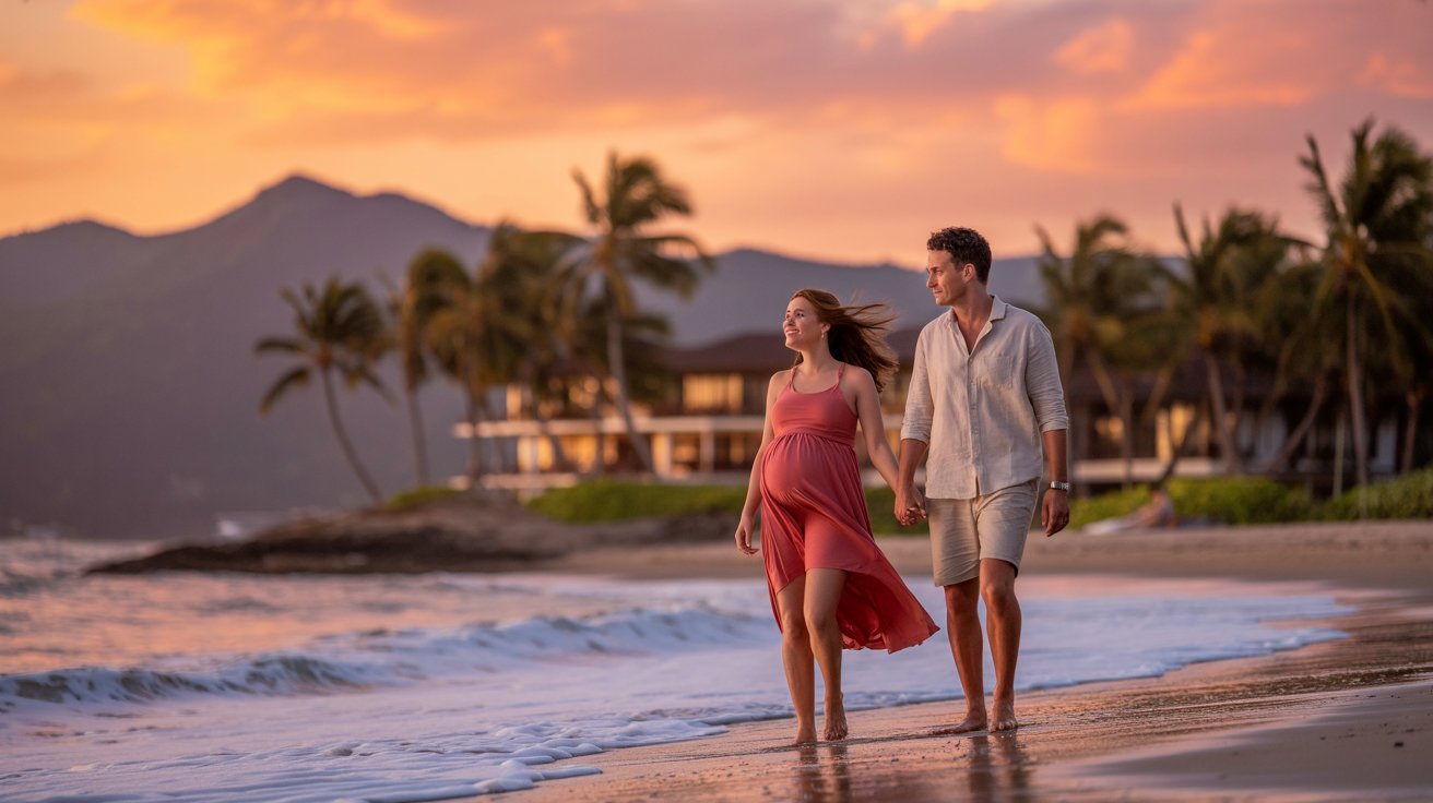 Romantic pregnant couple enjoying peaceful babymoon vacation on tropical American beach during golden sunset together