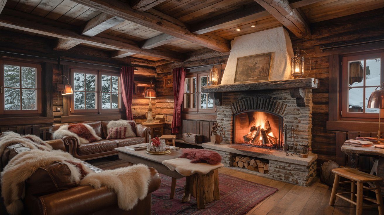Chalet interior with wooden beams, fireplace, and cozy mountain cabin decor.