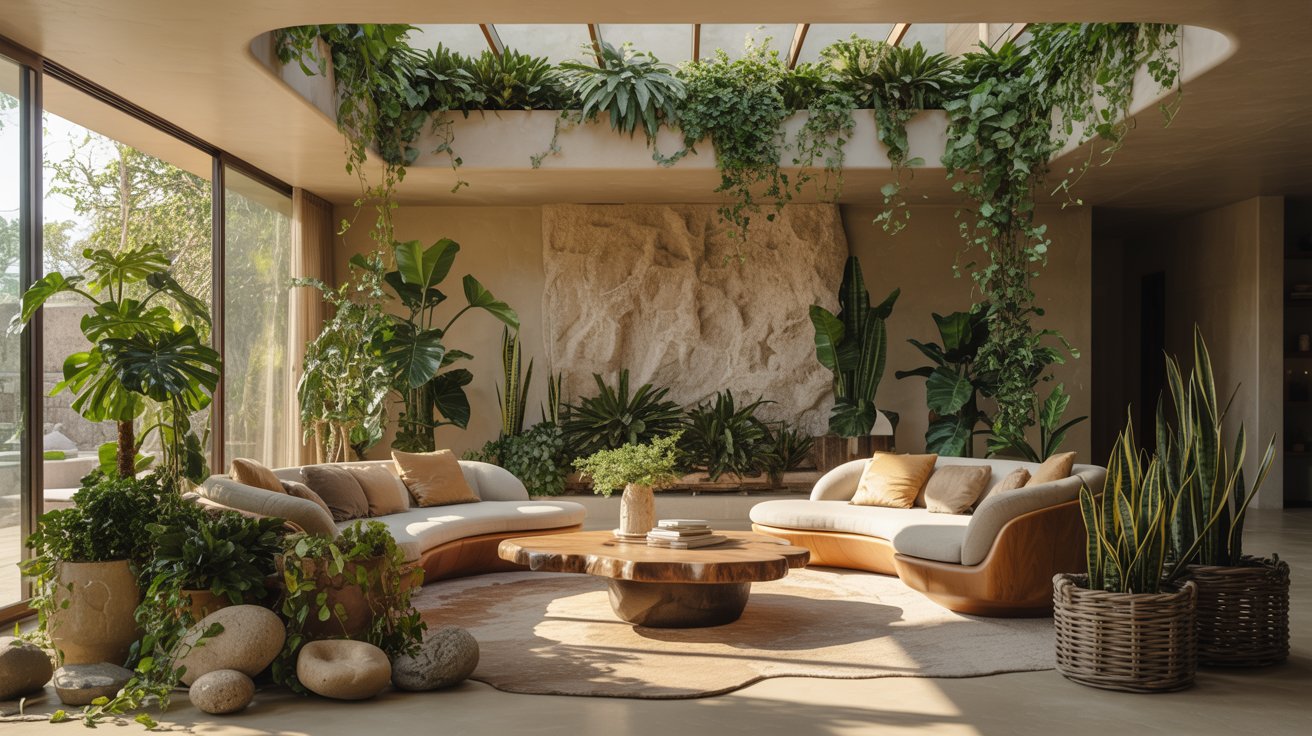 Sunlit biophilic living room featuring lush plants, wooden textures, earthy decor, and serene natural ambiance indoors.