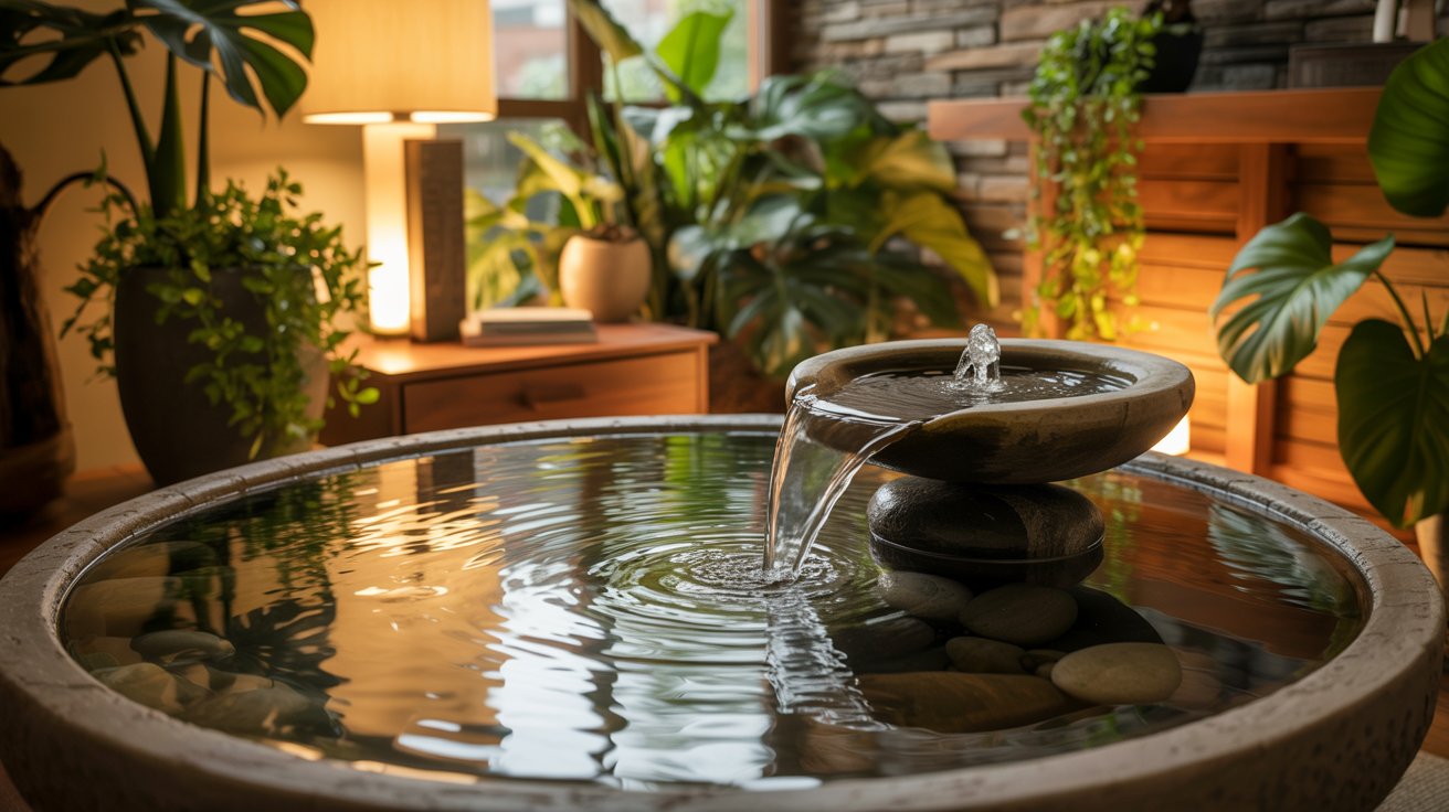 Indoor water fountain plants calming spa like biophilic interior peaceful natural home design