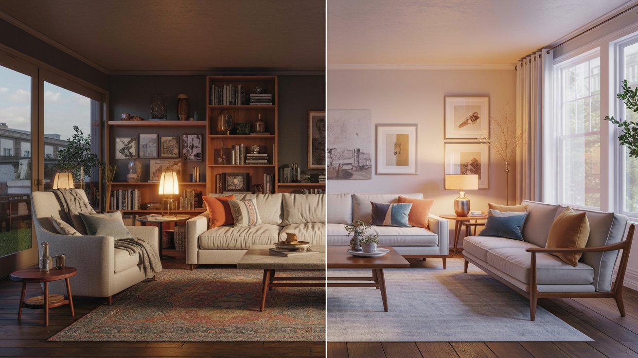 Comparison of mismatched home decor and cohesive interior design style with coordinated furniture and decor.