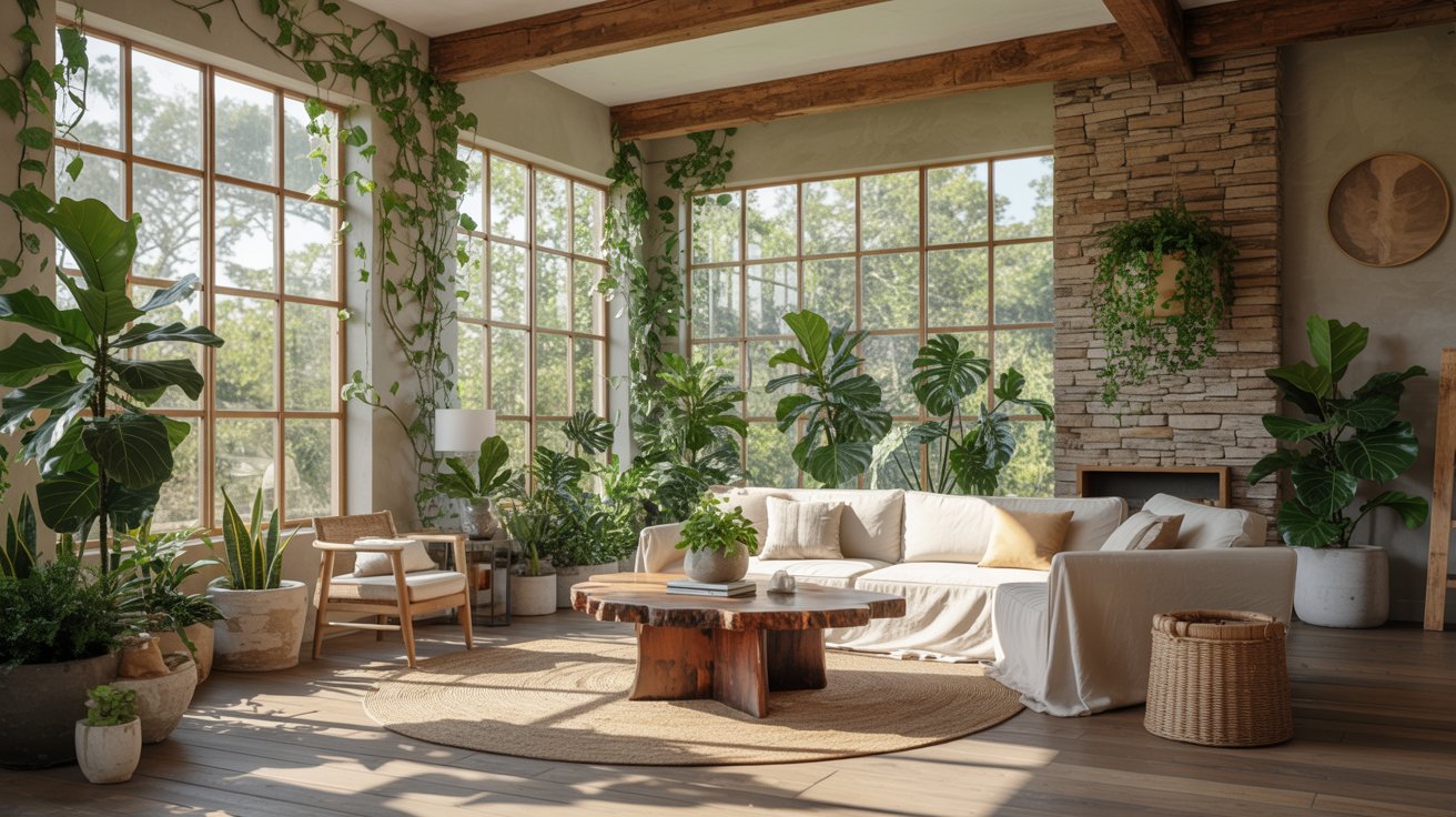 Biophilic interior with indoor plants, natural light, and natural materials.