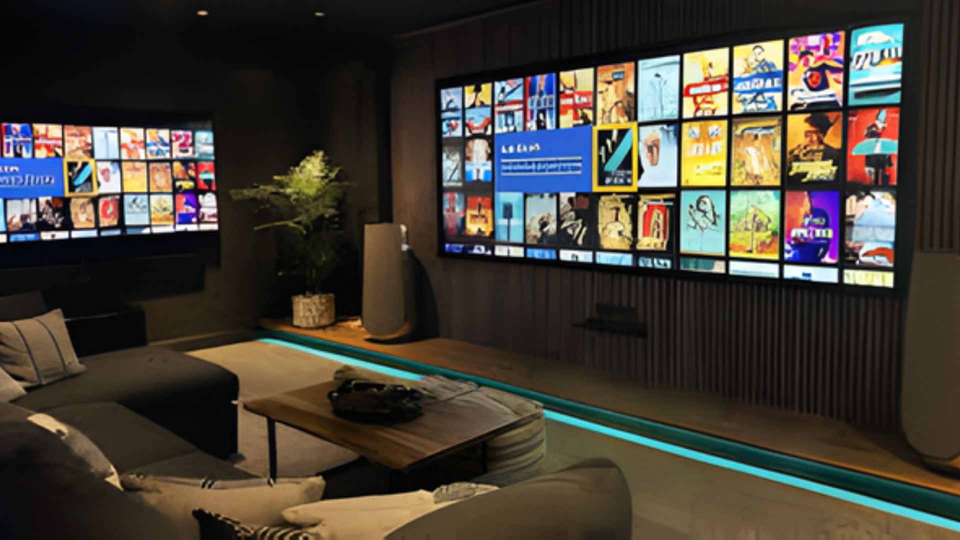 High-tech entertainment room with multiple wall screens displaying colorful media thumbnails.