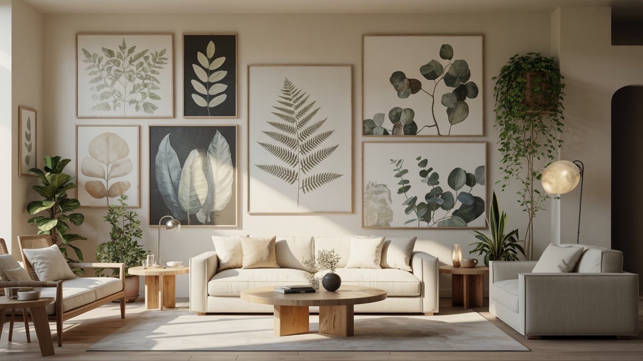 Botanical wall art nature prints plants cozy modern biophilic living room aesthetic decor