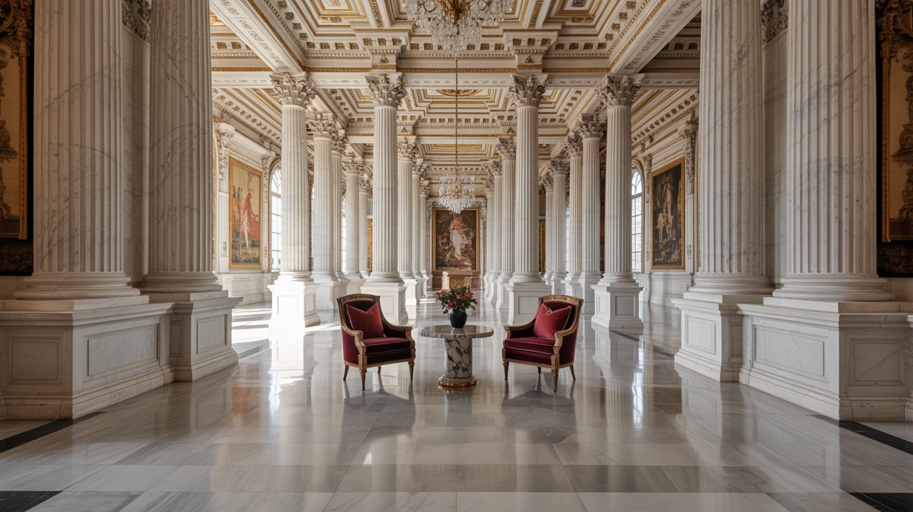 Classical interior with marble, columns, and symmetrical elegant design.