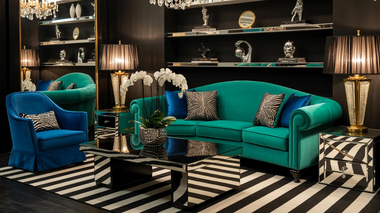 Hollywood Regency living room with velvet furniture, gold accents, bold patterns, and glamorous decor.