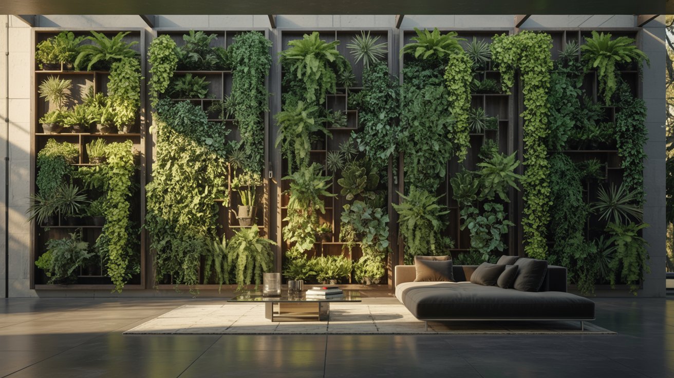 Vertical garden wall lush greenery modern small space biophilic interior fresh natural design