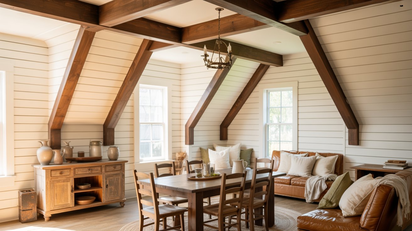 Farmhouse living room with wooden beams, neutral colors, and rustic cozy furniture.