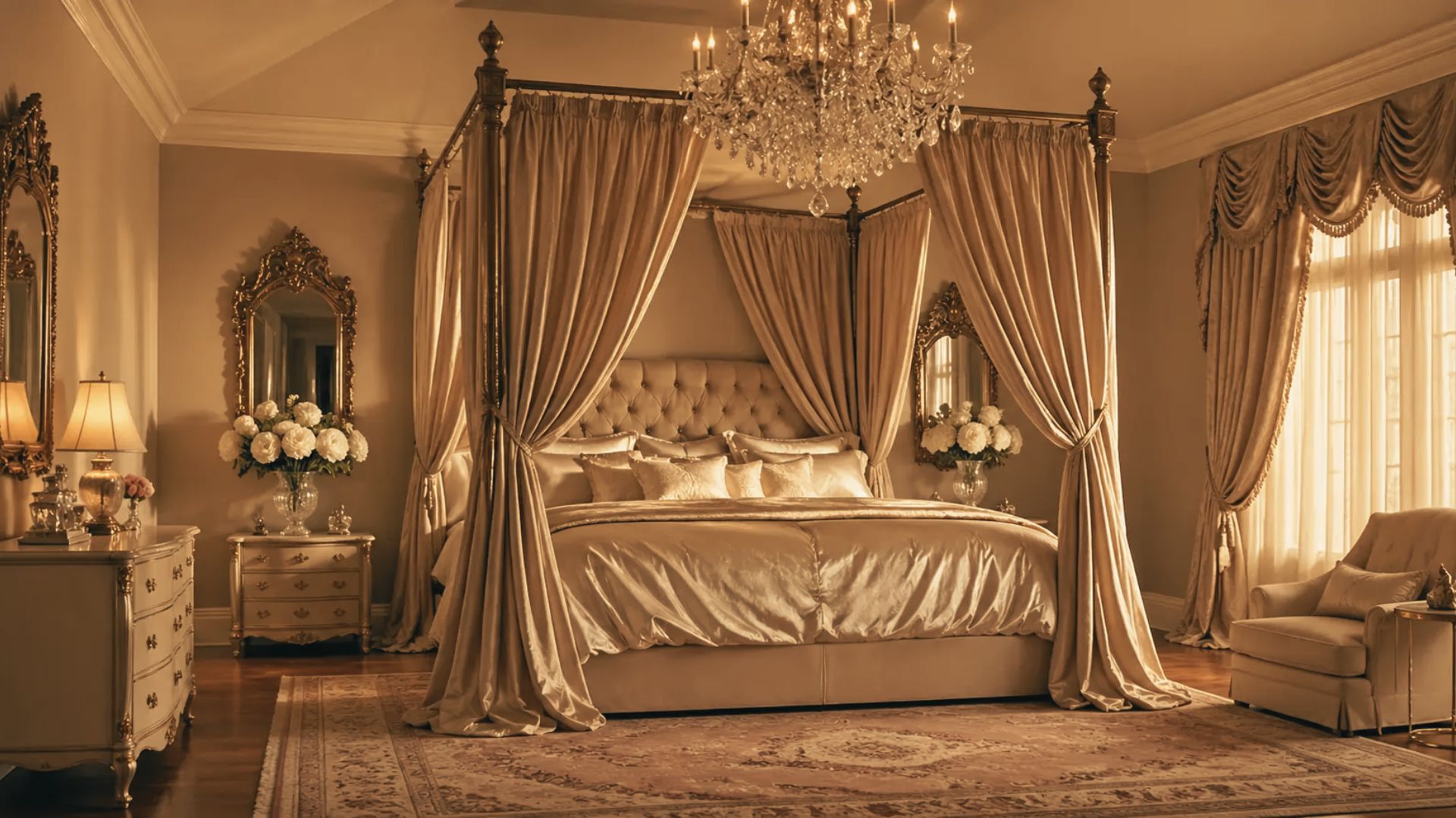 Opulent gold-toned bedroom influenced by Blair Waldorf with a draped four-poster canopy bed and crystal chandelier.