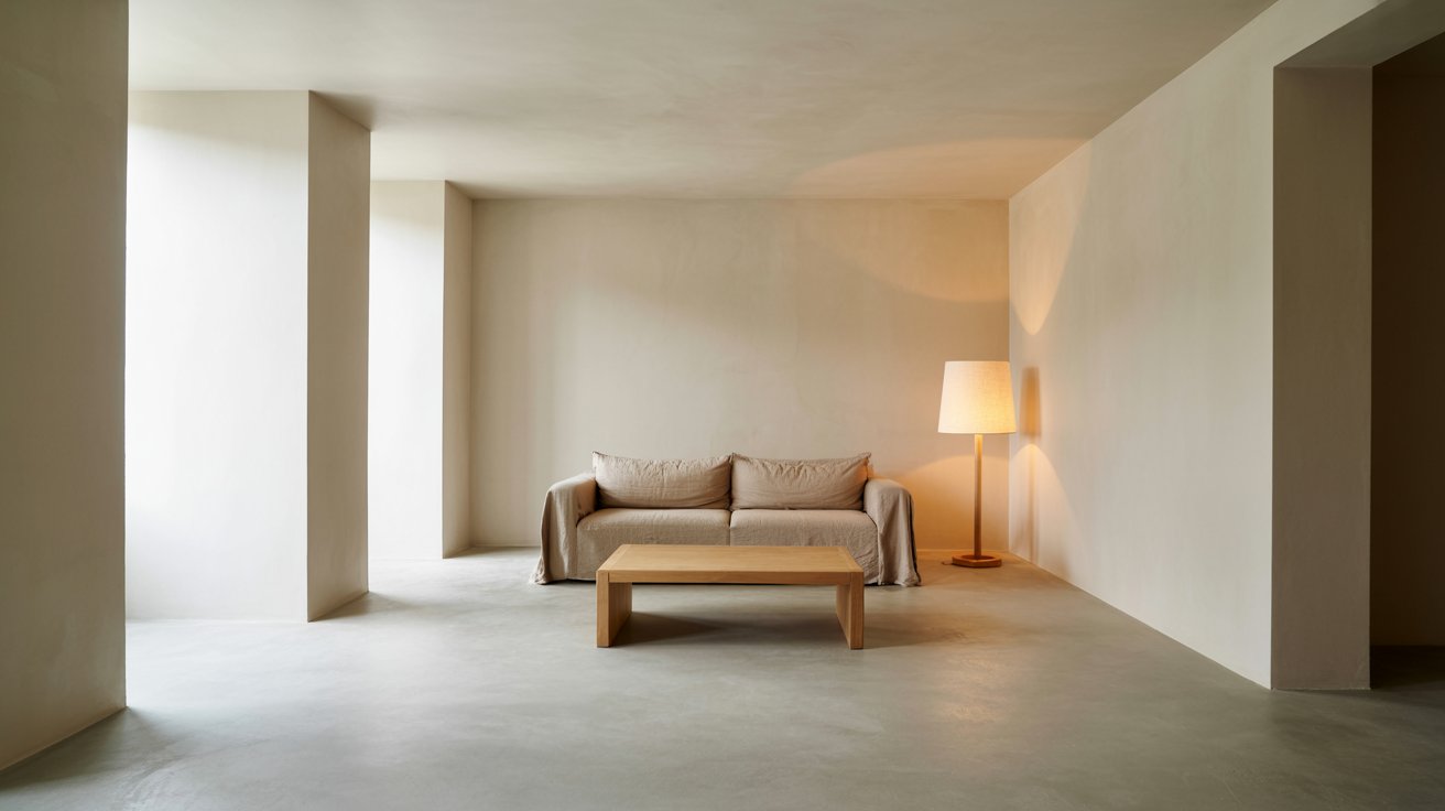 Mid-century modern living room with retro wooden furniture, warm tones, and organic shapes.