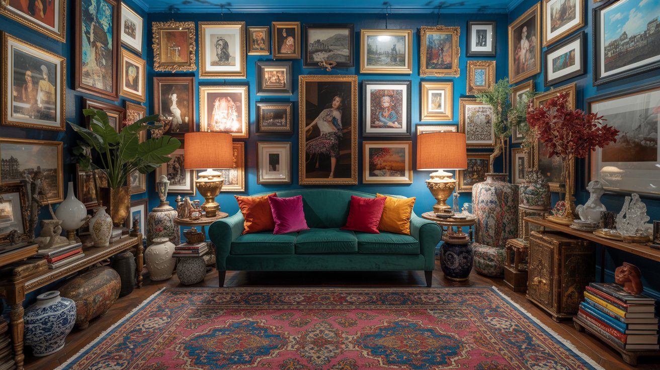 Maximalist interior with bold colors, layered patterns, and full decorative styling.