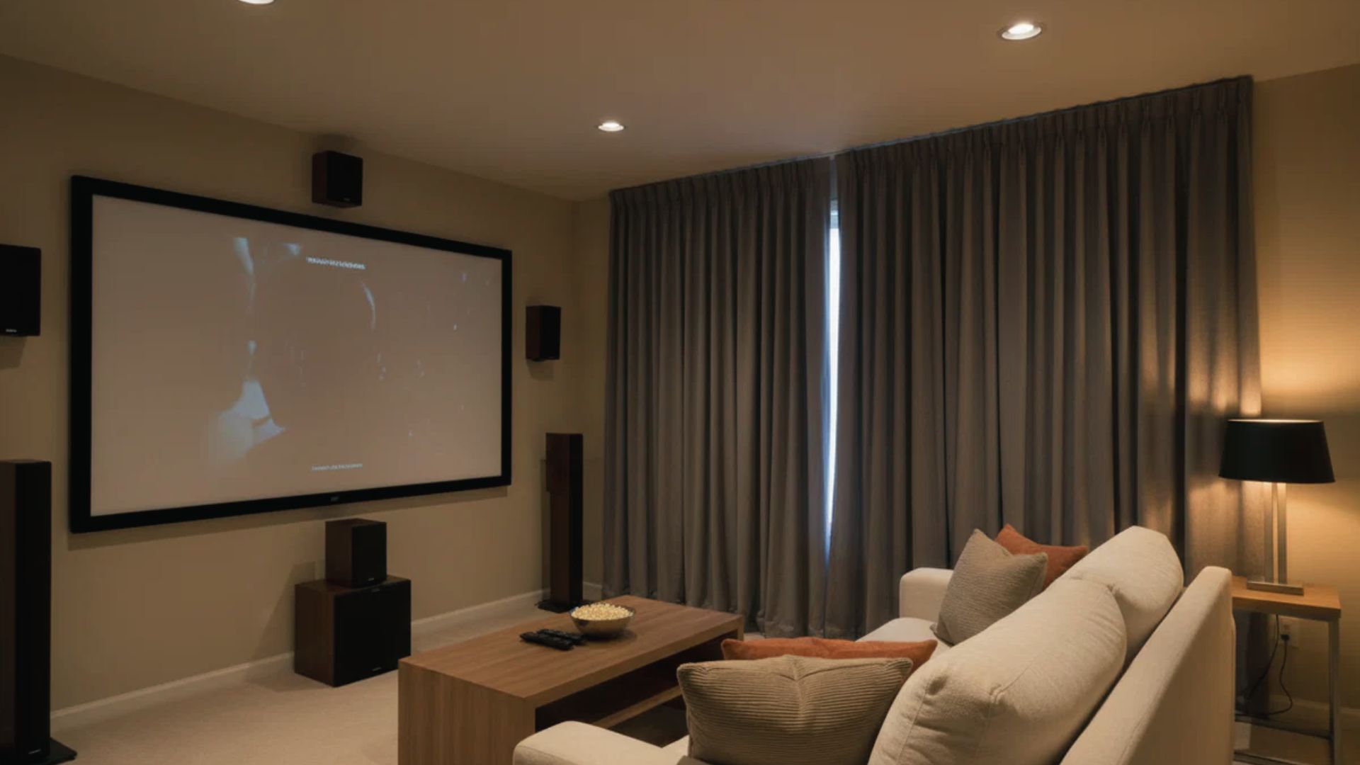 The warm and inviting living room turned into movie space with a large projector screen and surround speakers.
