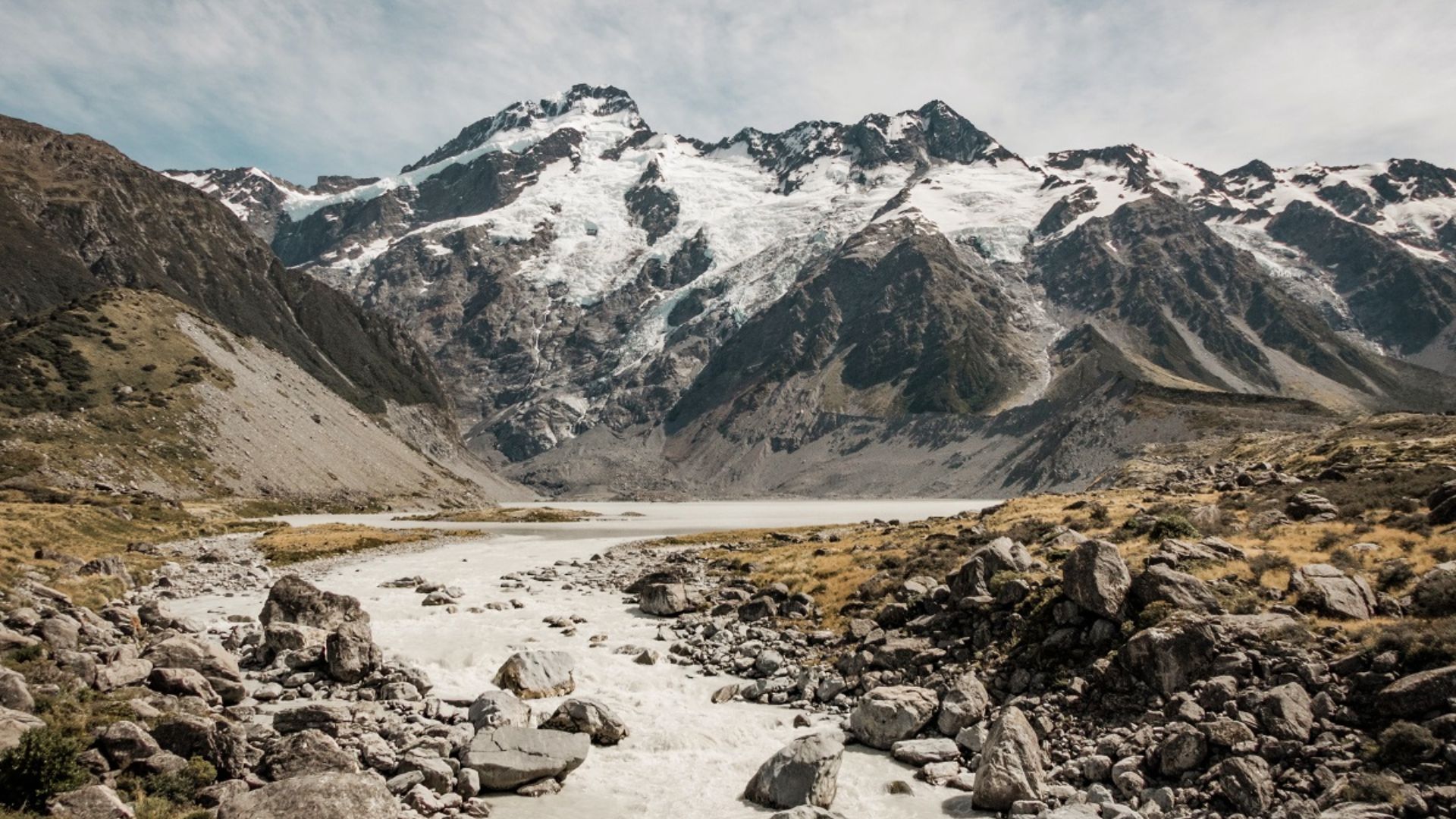 Glacier-fed river flows over rocks toward massive snow-covered peaks and ice fields.